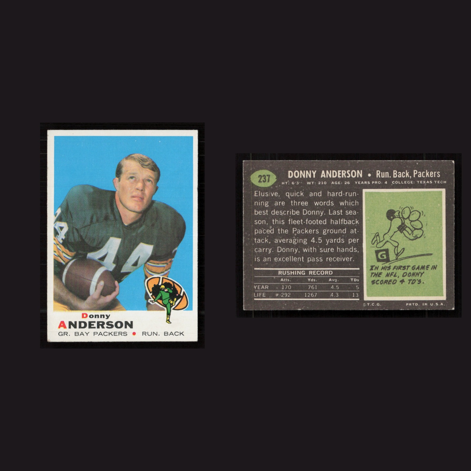 1969 Donny Anderson #237 EX-EXMINT Topps Green Bay Packers Vintage Football Card front and back scans. Card condition is as shown in the scans.