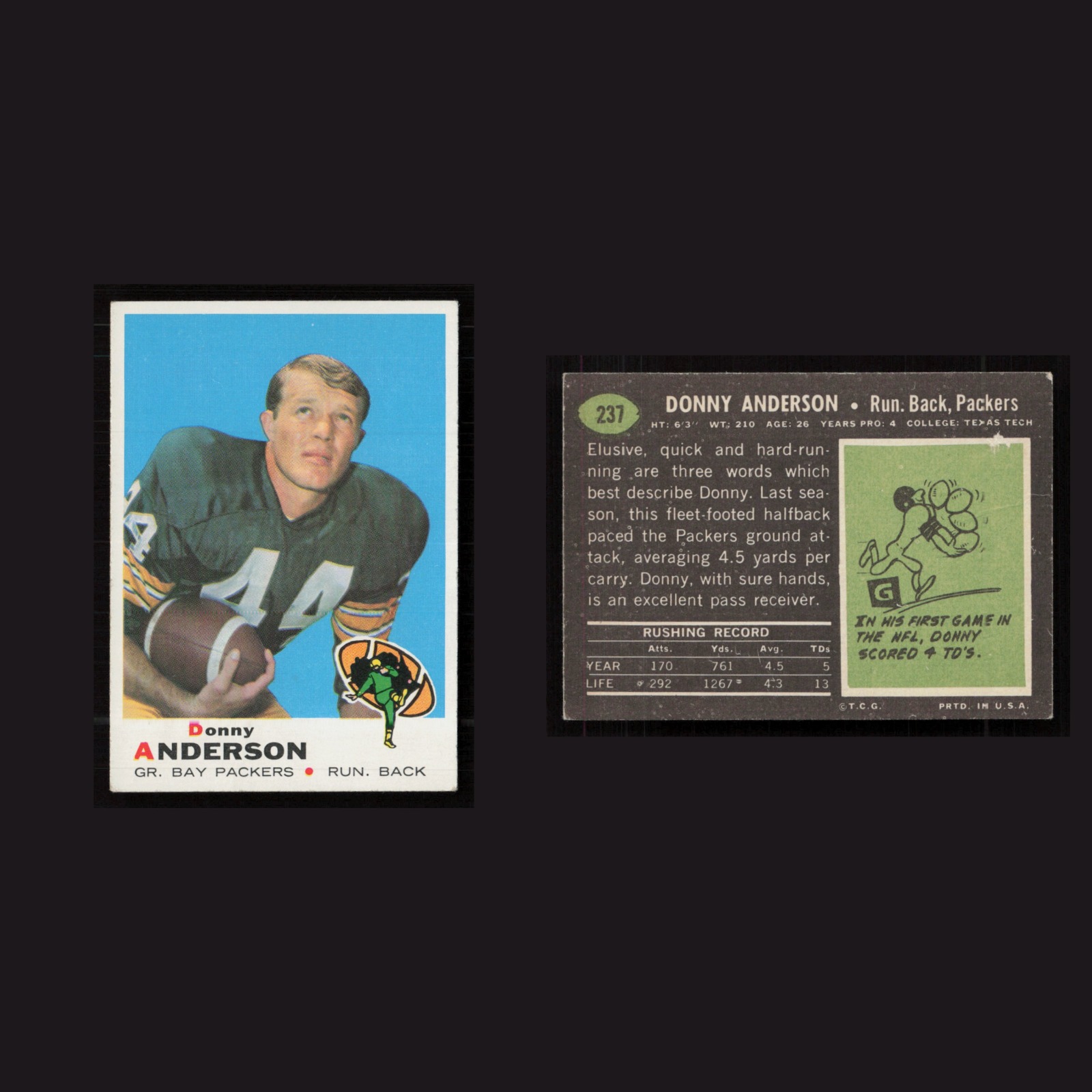 1969 Donny Anderson #237 EX-EXMINT Topps Green Bay Packers Vintage Football Card front and back scans. Card condition is as shown in the scans.