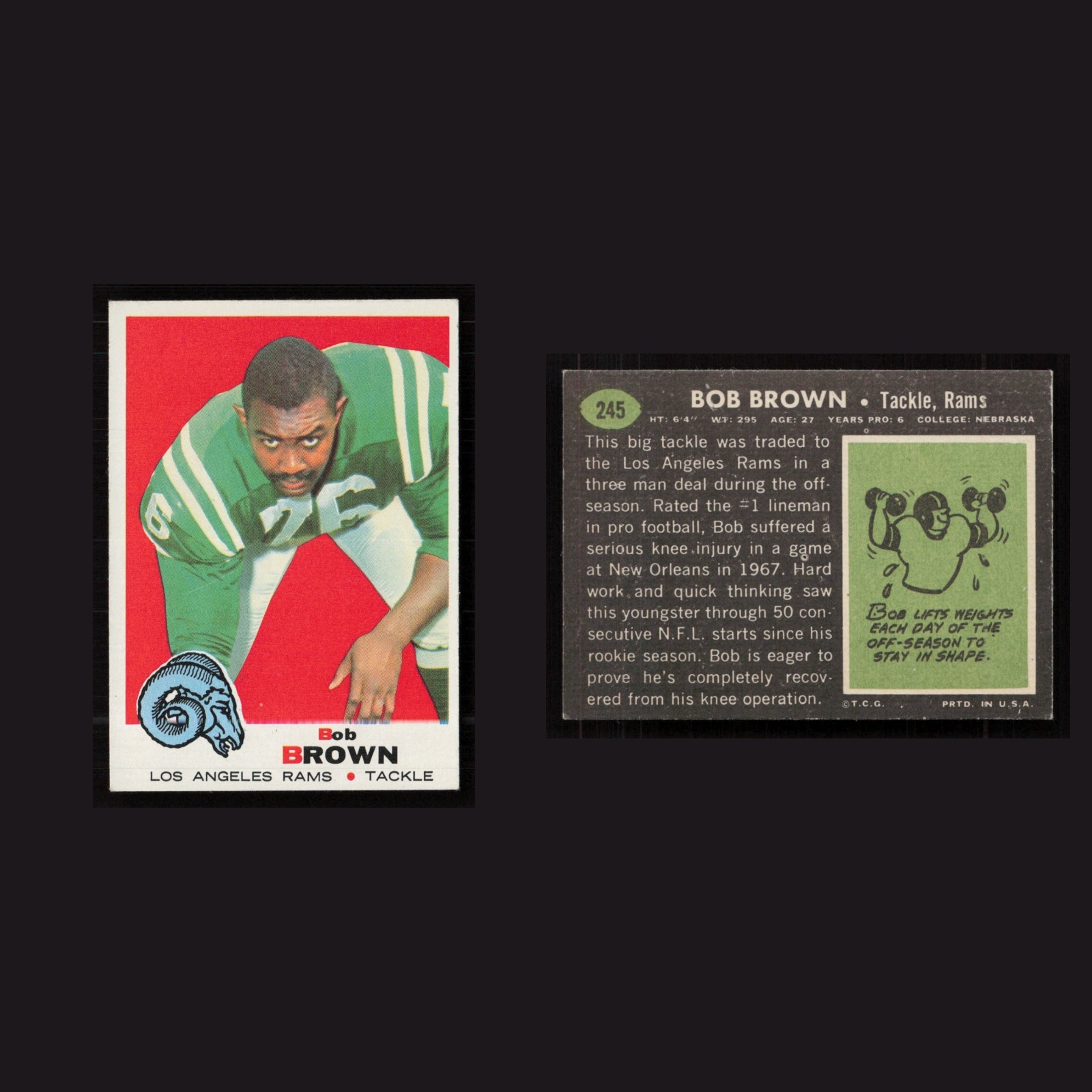 1969 Rookie Bob Brown #245 EX-EXMINT Topps Los Angeles Rams Vintage Football NFL front and back scans. Card condition is as shown in the scans.
