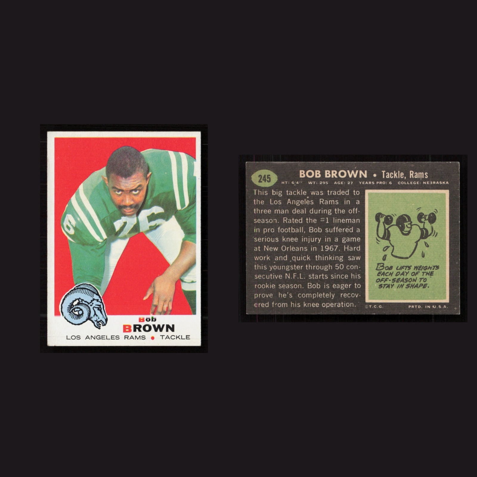 1969 Bob Brown #245 EX-EXMINT Topps Los Angeles Rams Vintage Football Card NFL front and back scans. Card condition is as shown in the scans.