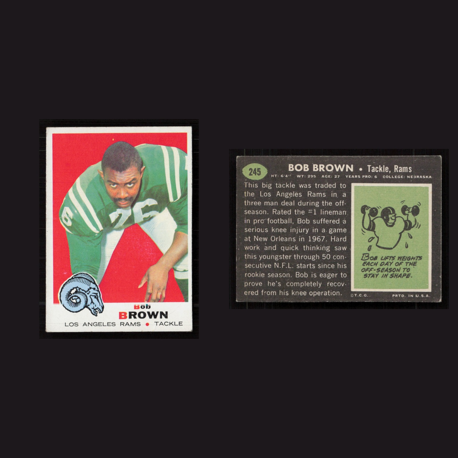 1969 Bob Brown #245 EX-EXMINT Topps Los Angeles Rams Vintage Football Card NFL front and back scans. Card condition is as shown in the scans.