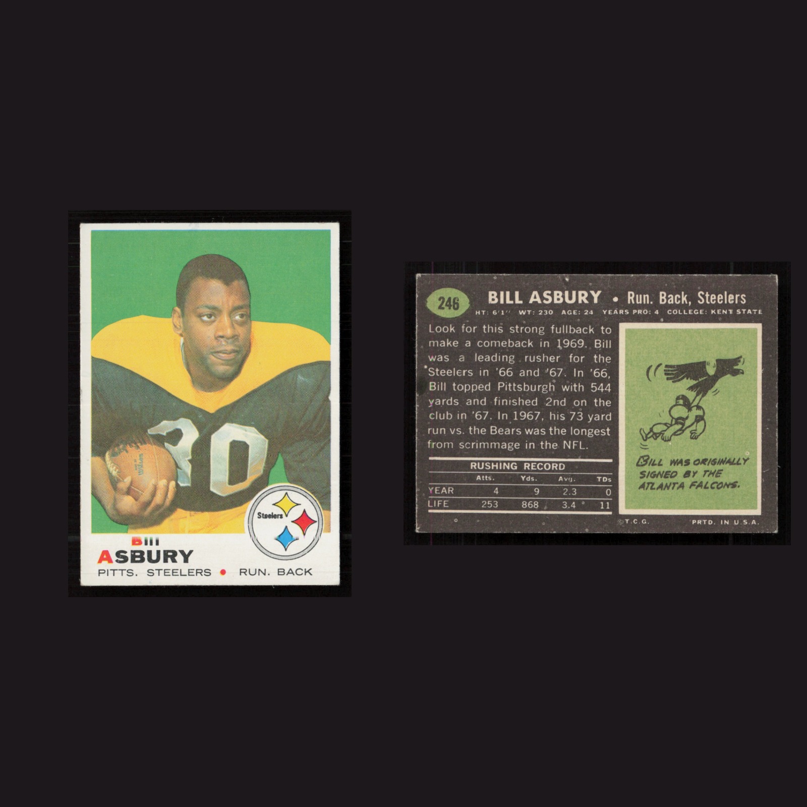 1969 Bill Asbury #246 EX-EXMINT Topps Pittsburgh Steelers Vintage Football Card front and back scans. Card condition is as shown in the scans.
