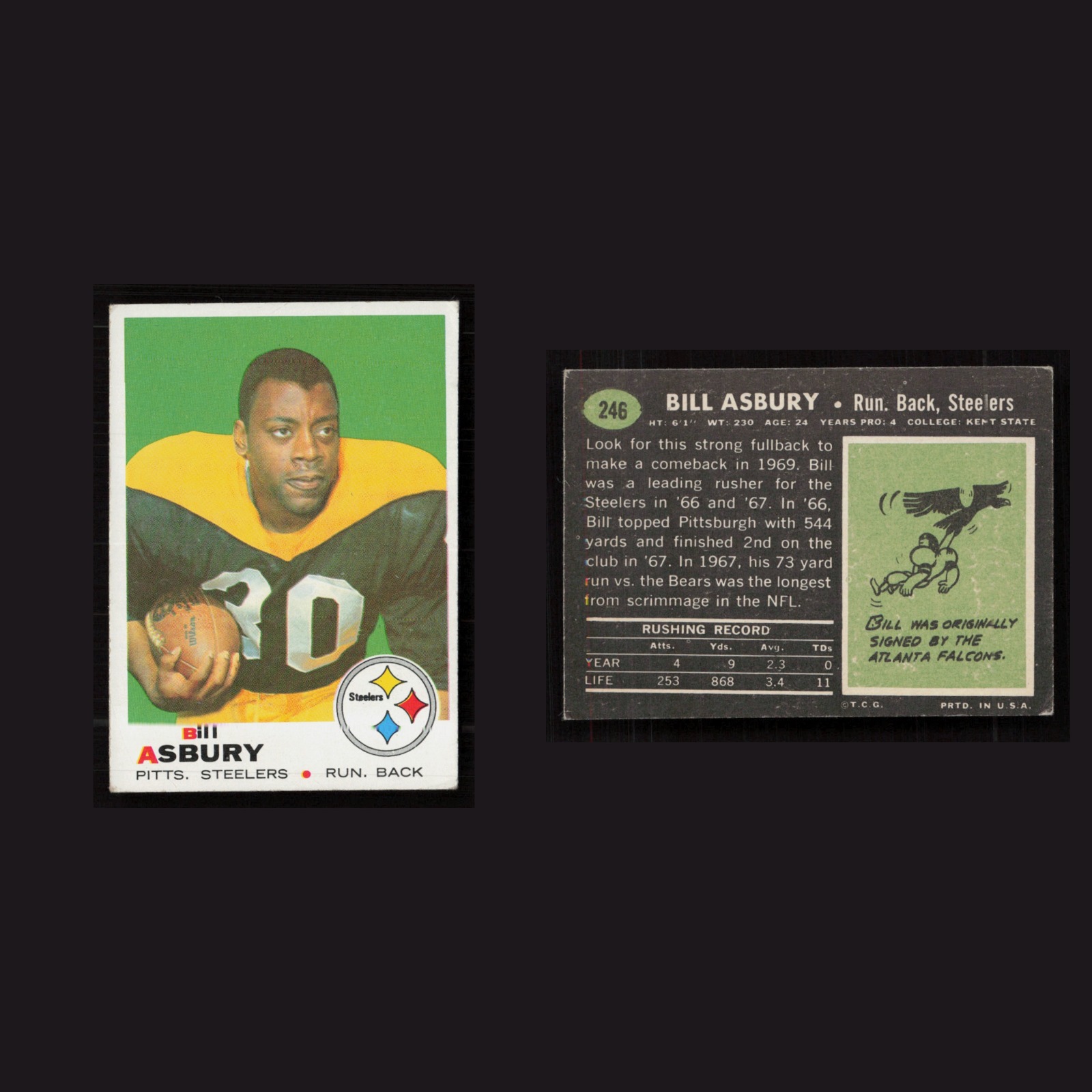 1969 Bill Asbury #246 EX-EXMINT Topps Pittsburgh Steelers Vintage Football Card front and back scans. Card condition is as shown in the scans.