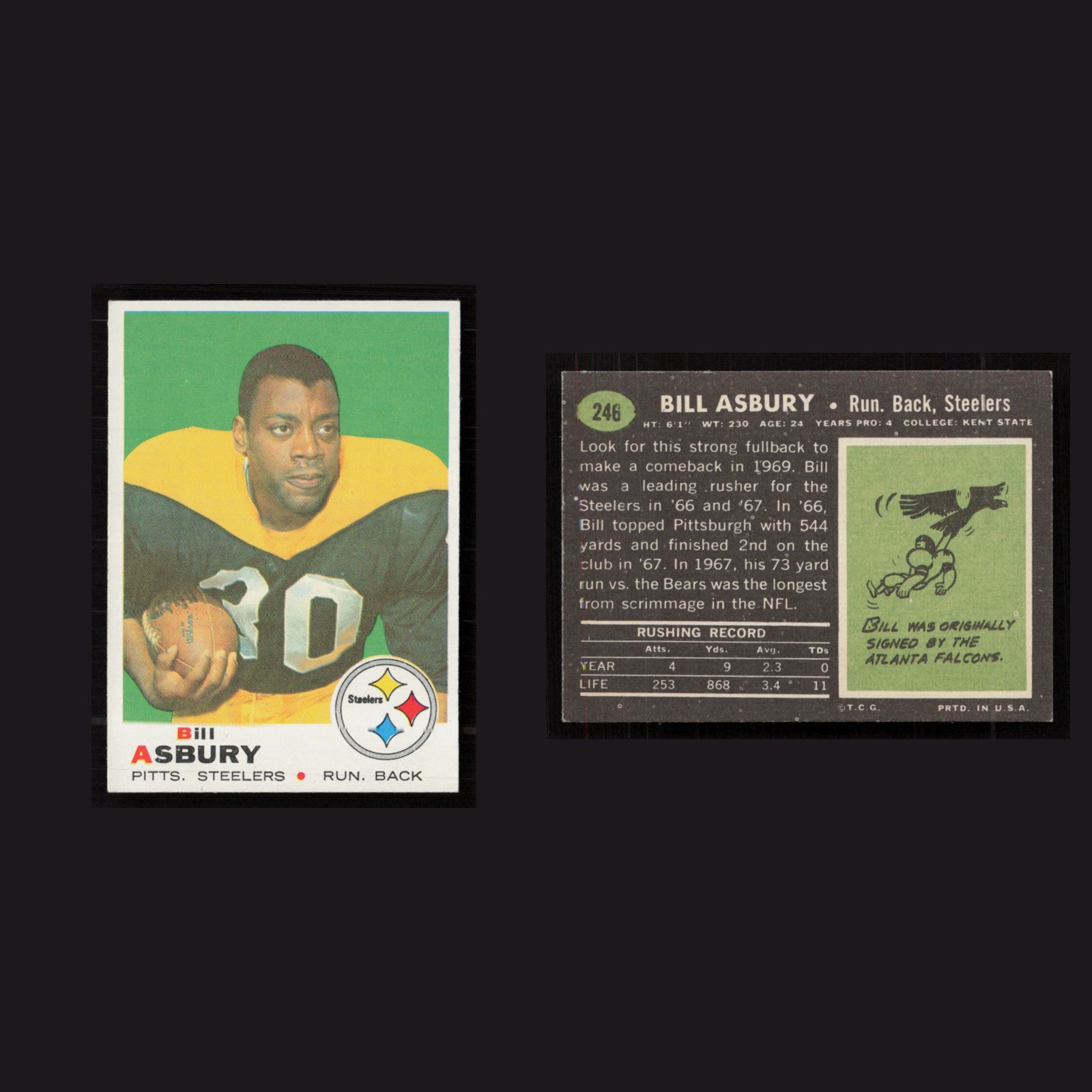 1969 Bill Asbury #246 EX-EXMINT Topps Pittsburgh Steelers Vintage Football Card front and back scans. Card condition is as shown in the scans.