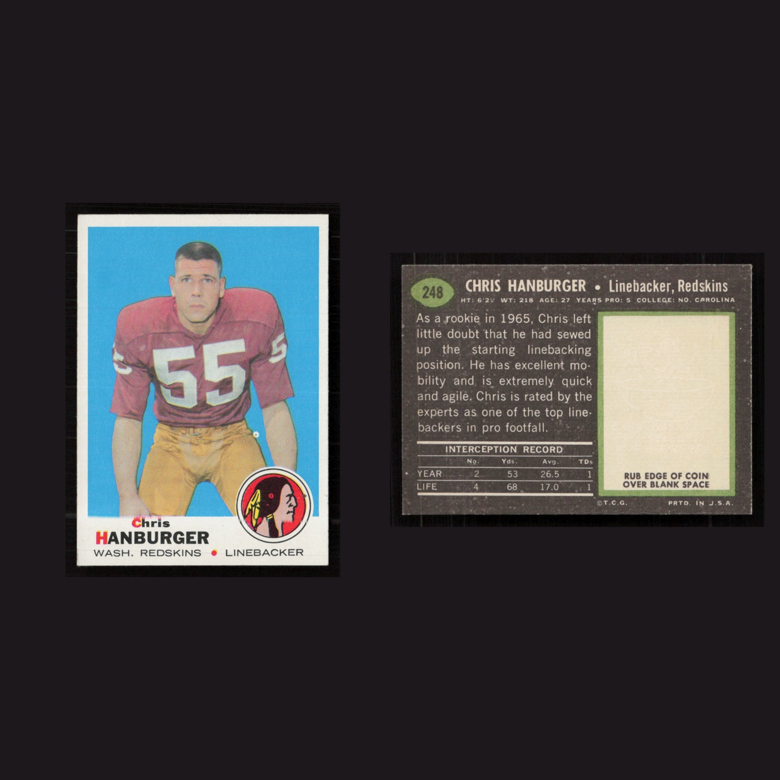 1969 Rookie Chris Hanburger #248 EX-EXMINT Topps Washington Redskins Vintage NFL front and back scans. Card condition is as shown in the scans.