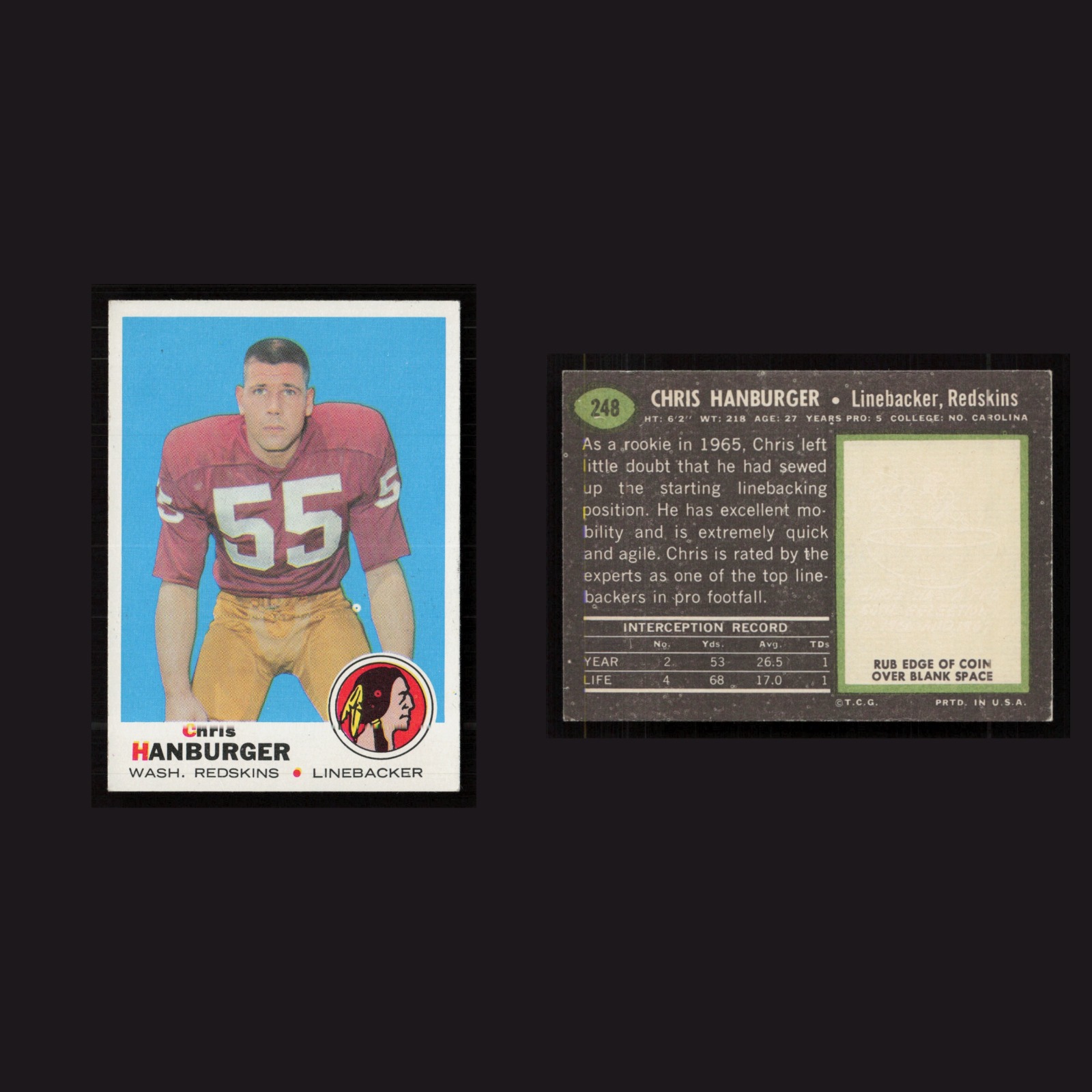 1969 Rookie Chris Hanburger #248 EX-EXMINT Topps Washington Redskins Vintage NFL front and back scans. Card condition is as shown in the scans.