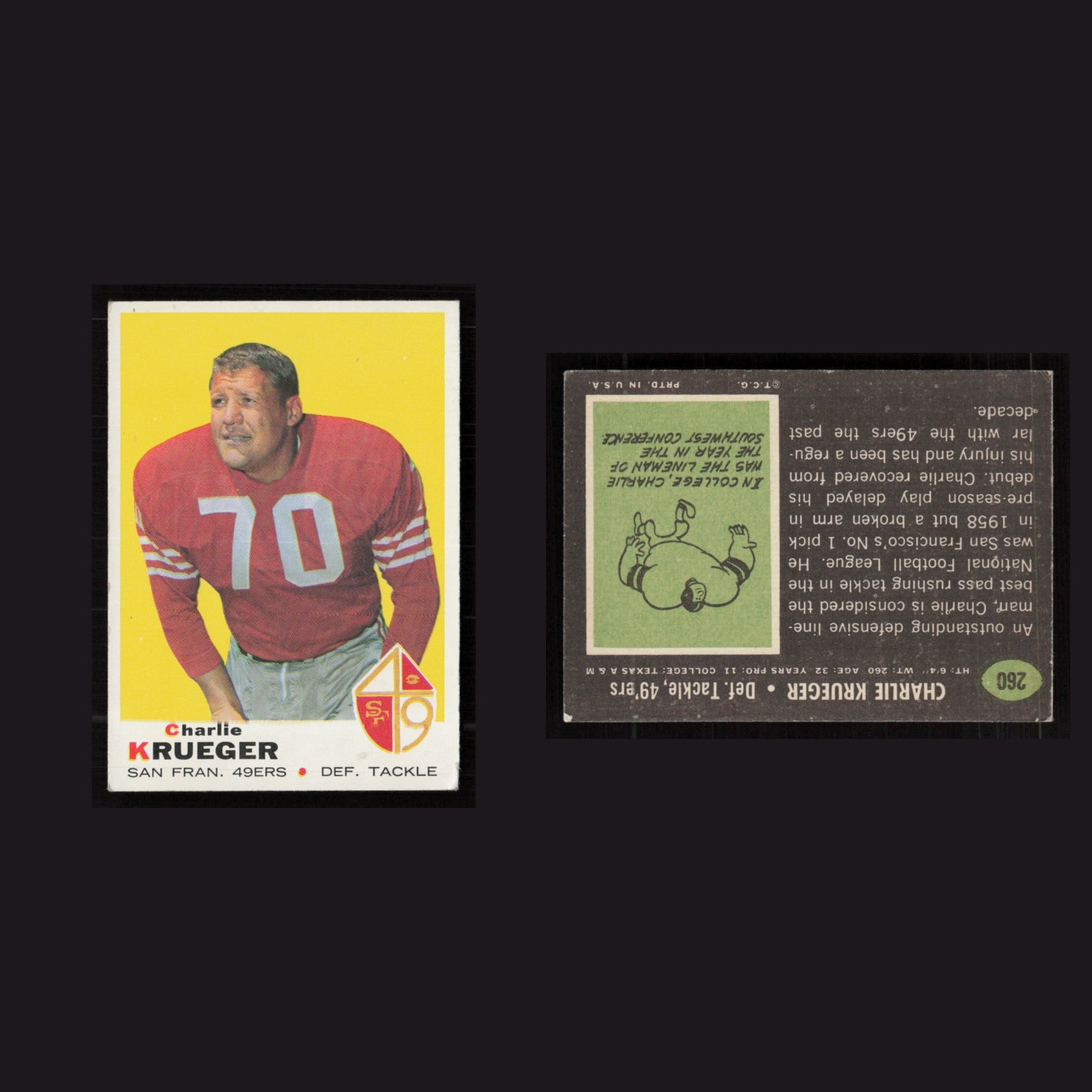 1969 Charlie Krueger #260 EX-EXMINT Topps San Francisco 49ers Vintage Football front and back scans. Card condition is as shown in the scans.