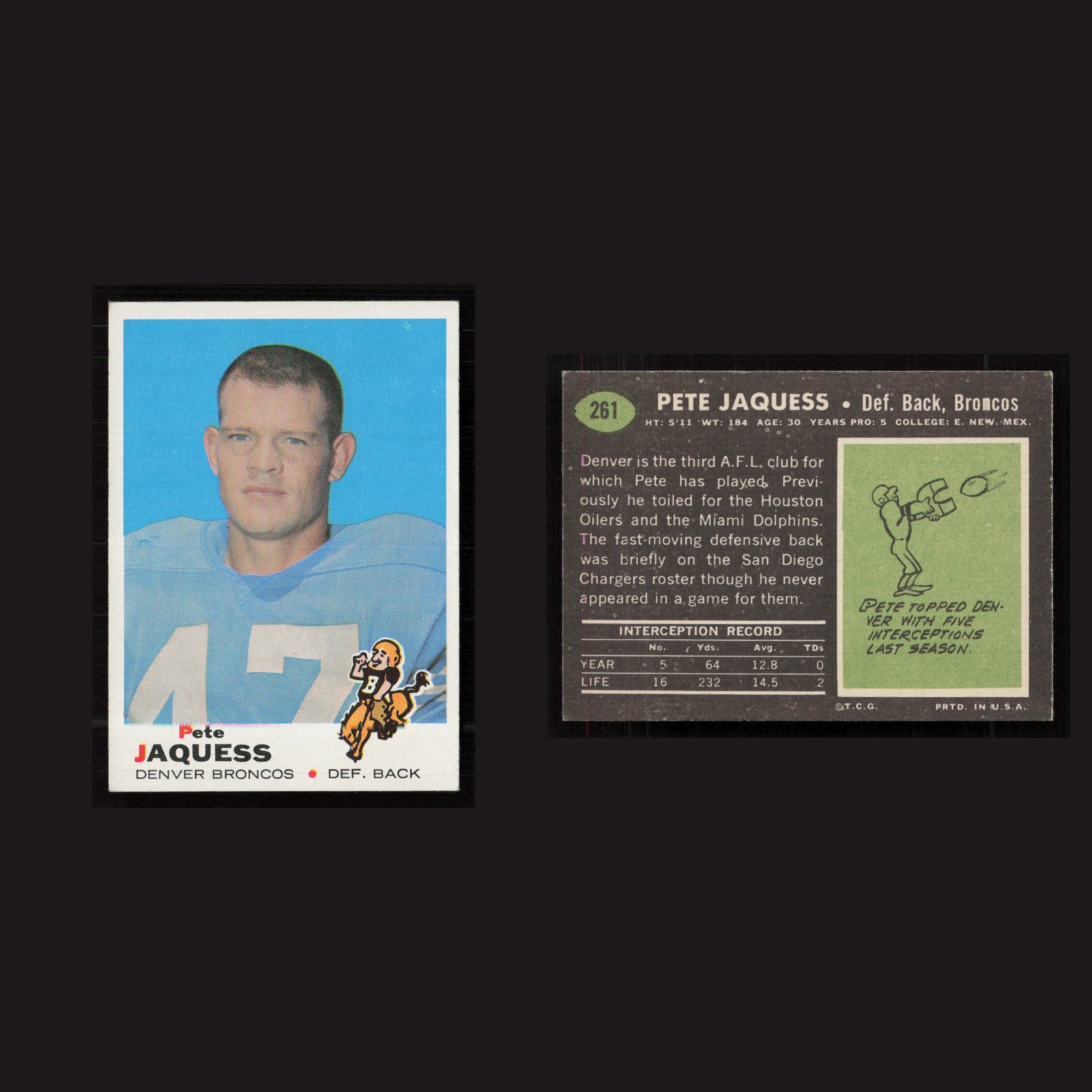 1969 Pete Jaquess #261 EX-EXMINT Topps Denver Broncos Vintage Football Card NFL front and back scans. Card condition is as shown in the scans.