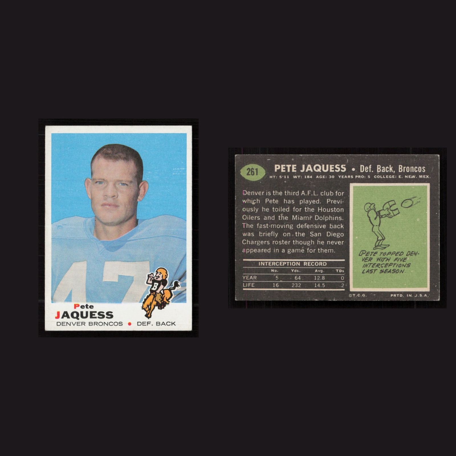 1969 Pete Jaquess #261 EX-EXMINT Topps Denver Broncos Vintage Football Card NFL front and back scans. Card condition is as shown in the scans.