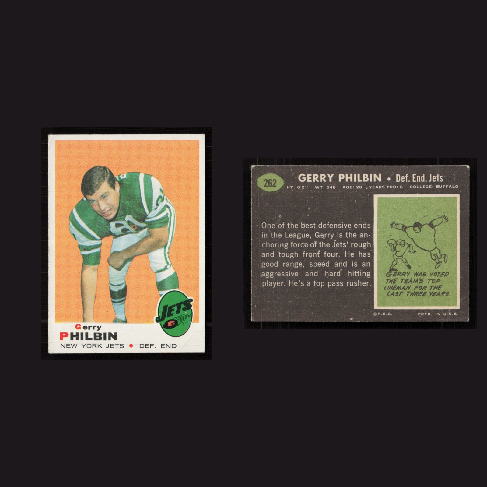 1969 Gerry Philbin #262 EX-EXMINT Topps New York Jets Vintage Football Card NFL front and back scans. Card condition is as shown in the scans.