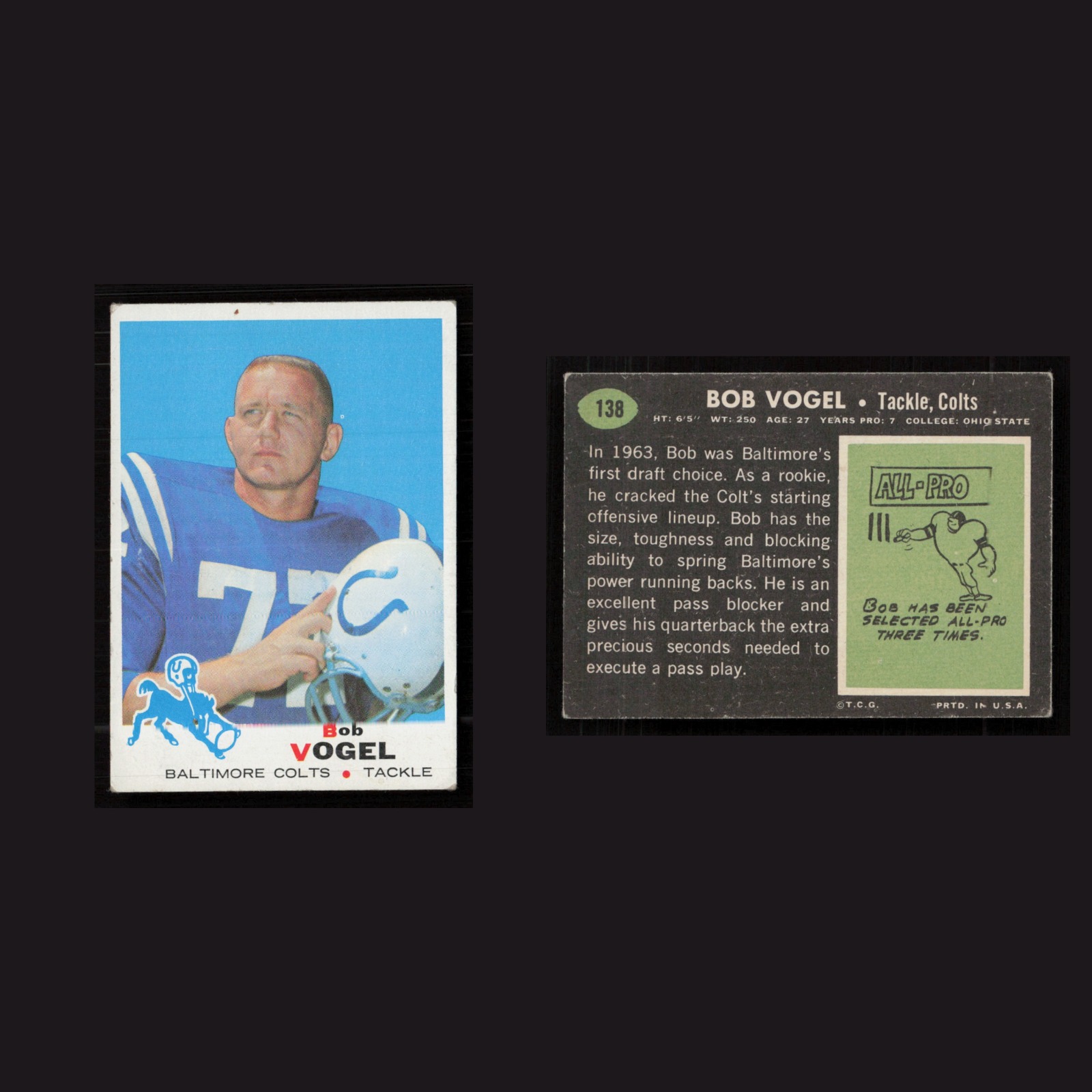 1969 Rookie Bob Vogel #138 EX-EXMINT Topps Baltimore Colts Vintage Football Card front and back scans. Card condition is as shown in the scans.