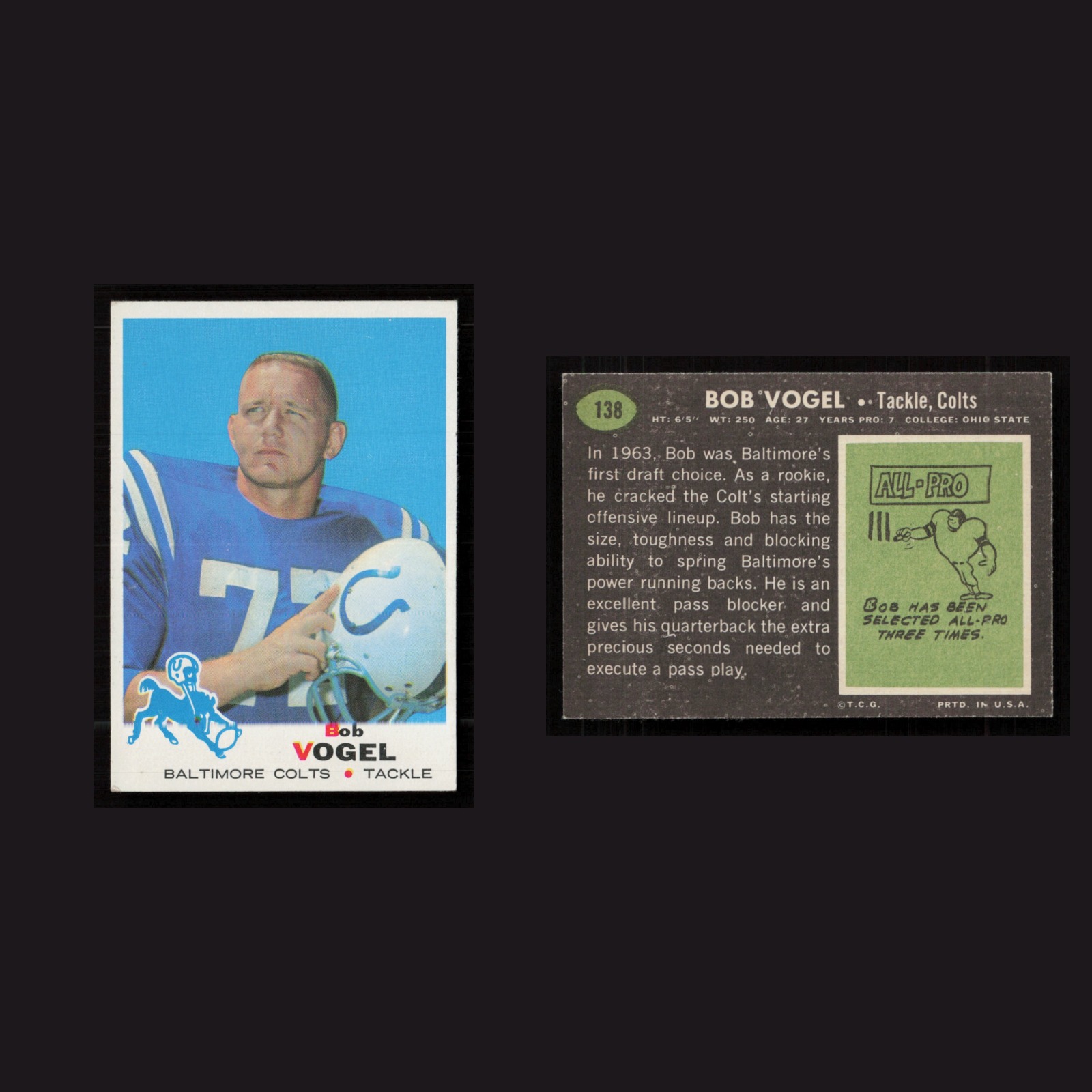 1969 Rookie Bob Vogel #138 EX-EXMINT Topps Baltimore Colts Vintage Football Card front and back scans. Card condition is as shown in the scans.