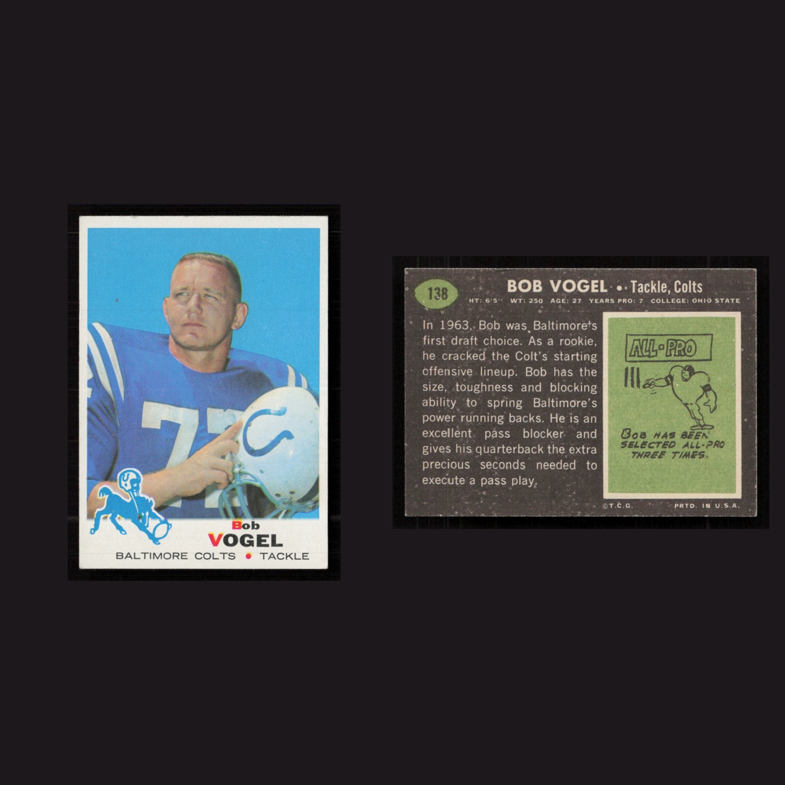 1969 Rookie Bob Vogel #138 EX-EXMINT Topps Baltimore Colts Vintage Football Card front and back scans. Card condition is as shown in the scans.