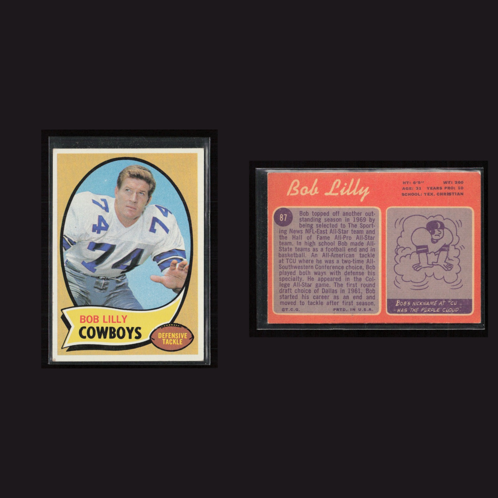 1970 Bob Lilly #87 EX-EXMINT Topps Dallas Cowboys Vintage Football Card NFL front and back scans. Card condition is as shown in the scans.