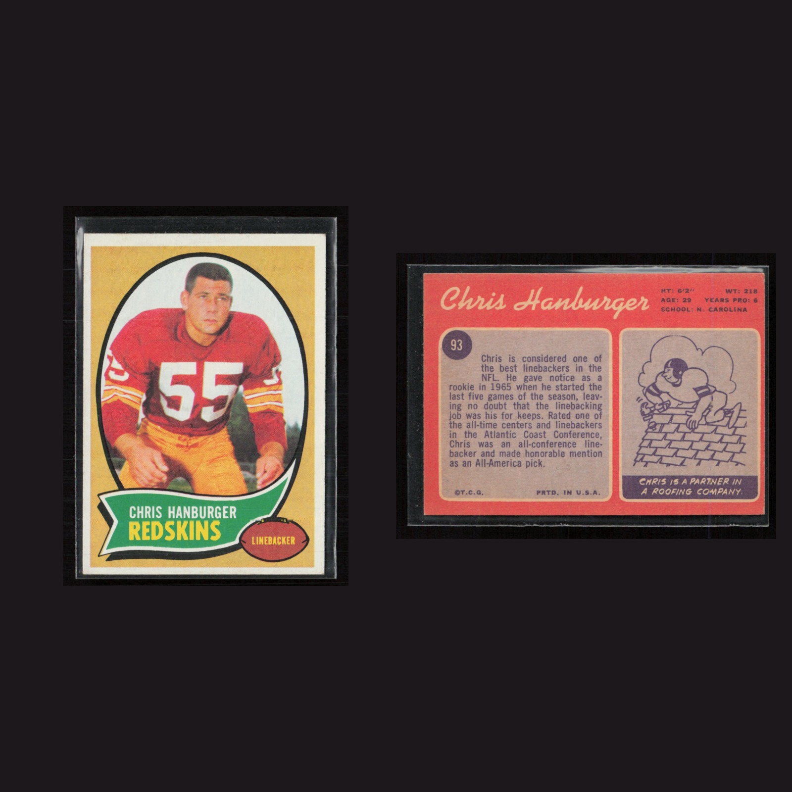 1970 Rookie Chris Hanburger #93 EX-EXMINT Topps Washington Redskins Vintage Card front and back scans. Card condition is as shown in the scans.