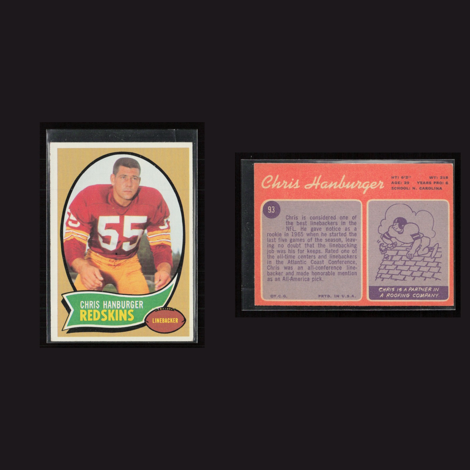 1970 Rookie Chris Hanburger #93 EX-EXMINT Topps Washington Redskins Vintage Card front and back scans. Card condition is as shown in the scans.