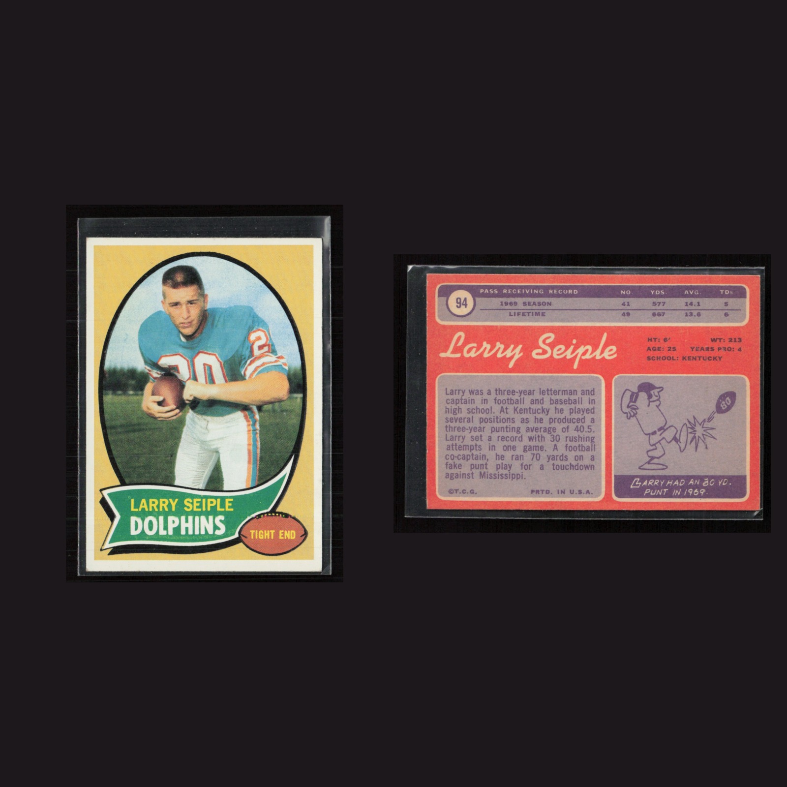 1970 Larry Seiple #94 EX-EXMINT Topps Miami Dolphins Vintage Football Card NFL front and back scans. Card condition is as shown in the scans.