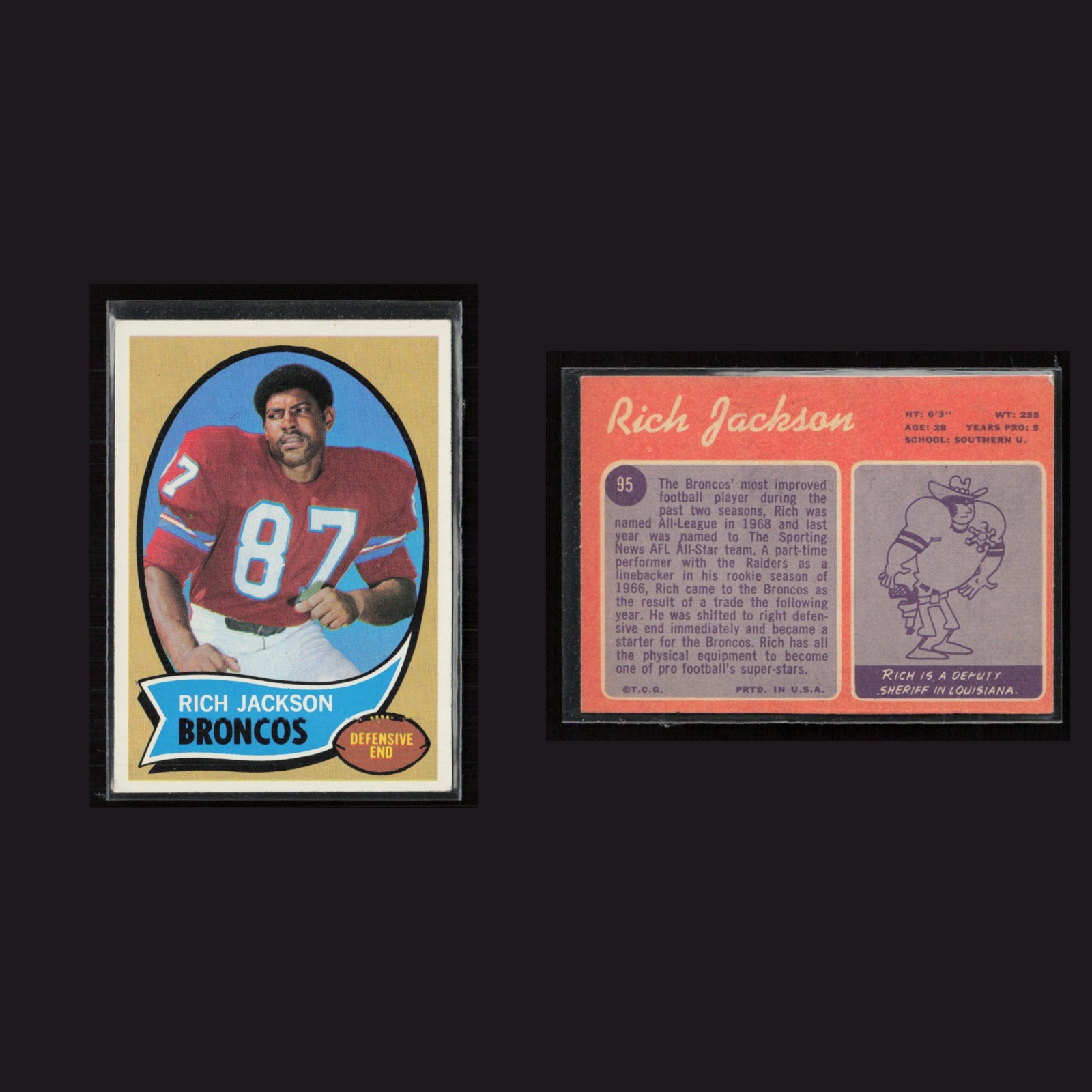 1970 Rich Jackson #95 EX-EXMINT Topps Denver Broncos Vintage Football Card NFL front and back scans. Card condition is as shown in the scans.