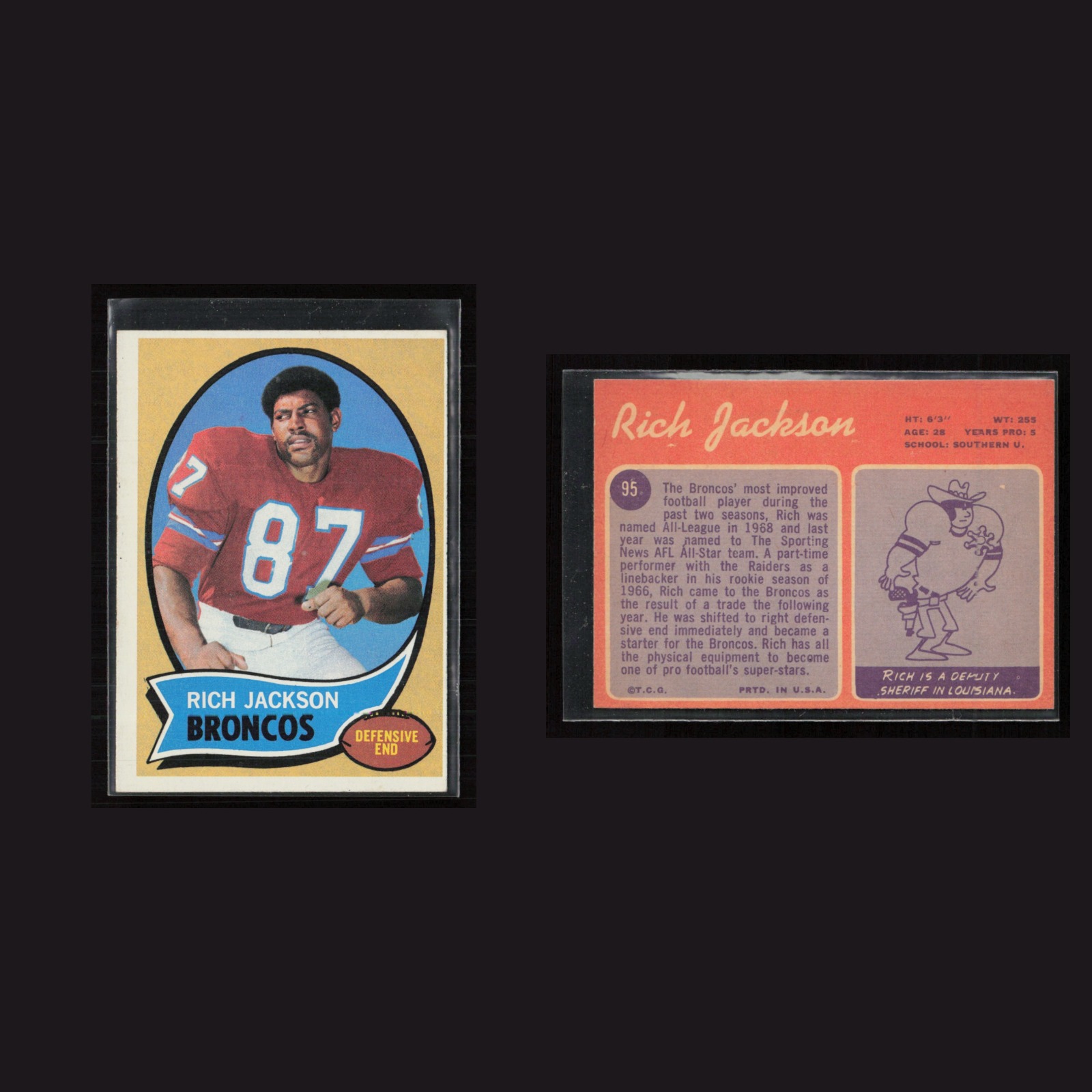1970 Rich Jackson #95 EX Topps Denver Broncos Vintage Football Card Set-Break front and back scans. Card condition is as shown in the scans.