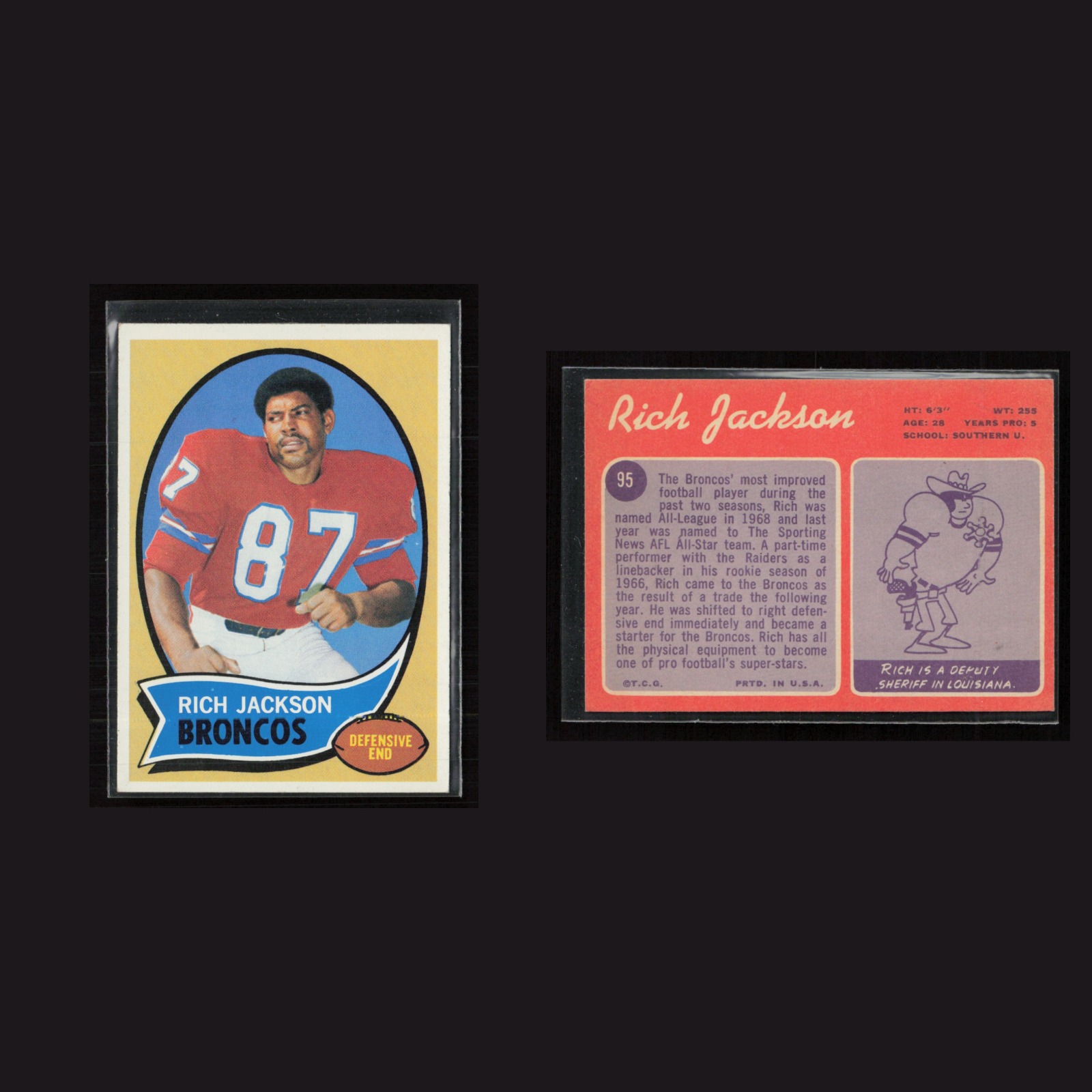 1970 Rich Jackson #95 EX-EXMINT Topps Denver Broncos Vintage Football Card NFL front and back scans. Card condition is as shown in the scans.