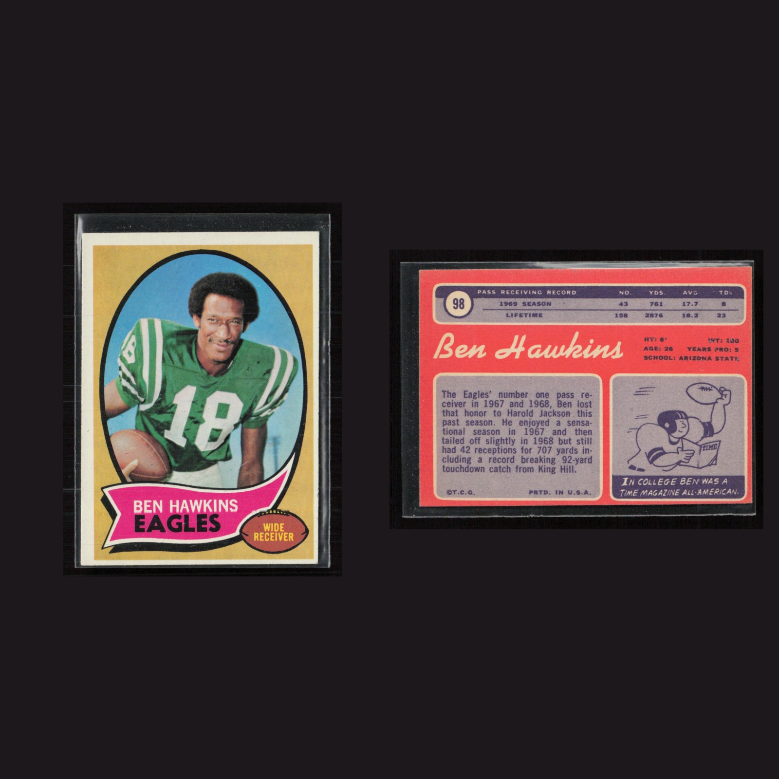 1970 Ben Hawkins #98 EX Topps Philadelphia Eagles Vintage Football Card NFL front and back scans. Card condition is as shown in the scans.