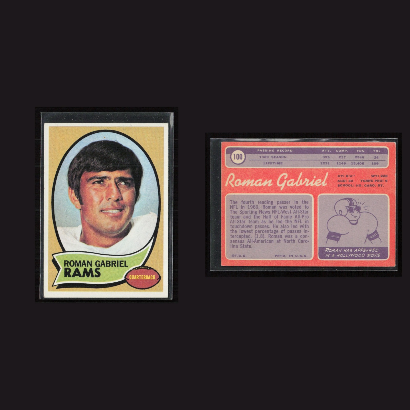 1970 Roman Gabriel #100 EX-EXMINT Topps Los Angeles Rams Vintage Football Card front and back scans. Card condition is as shown in the scans.