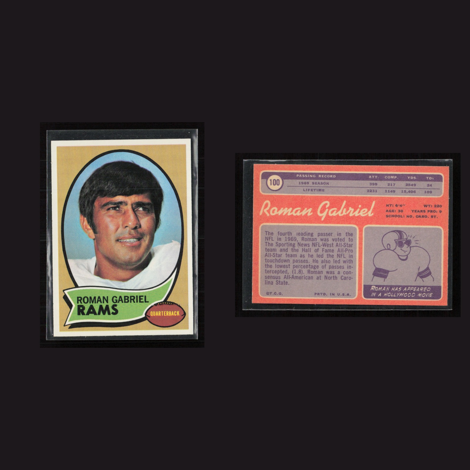 1970 Roman Gabriel #100 EX-EXMINT Topps Los Angeles Rams Vintage Football Card front and back scans. Card condition is as shown in the scans.