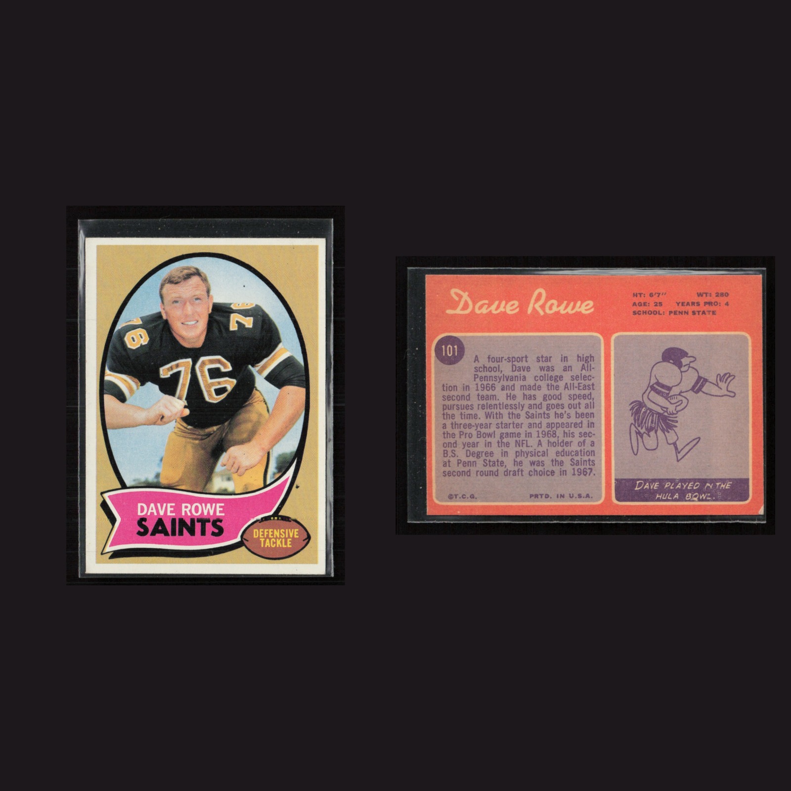 1970 Dave Rowe #101 EX-EXMINT Topps New Orleans Saints Vintage Football Card NFL front and back scans. Card condition is as shown in the scans.