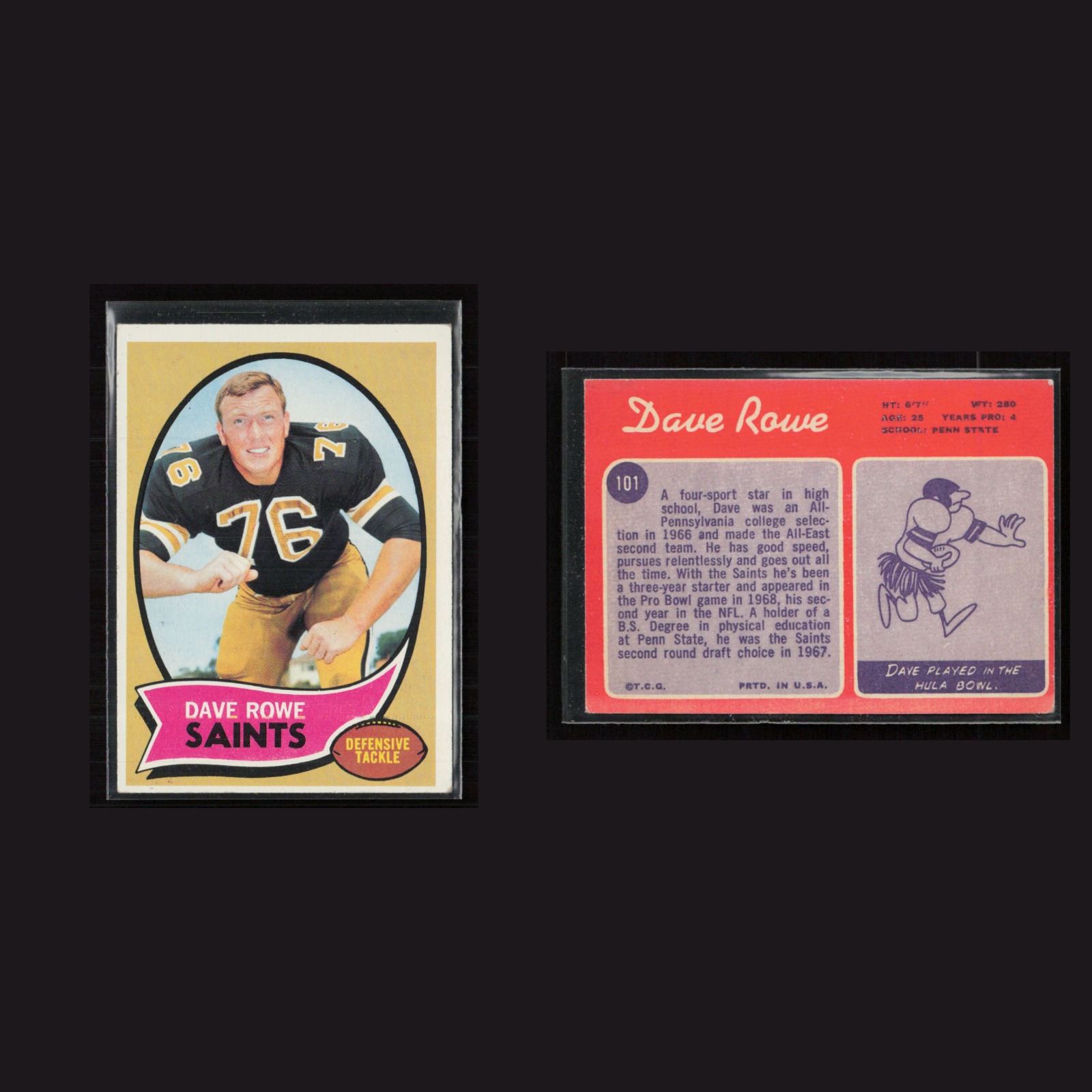 1970 Dave Rowe #101 EX Topps New Orleans Saints Vintage Football Card Set-Break front and back scans. Card condition is as shown in the scans.