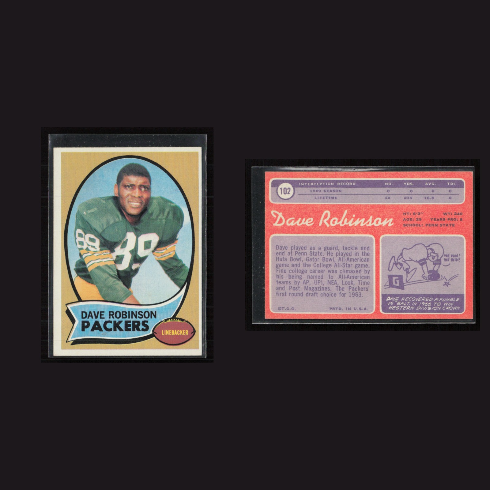 1970 Dave Robinson #102 EX Topps Green Bay Packers Vintage Football Card NFL front and back scans. Card condition is as shown in the scans.