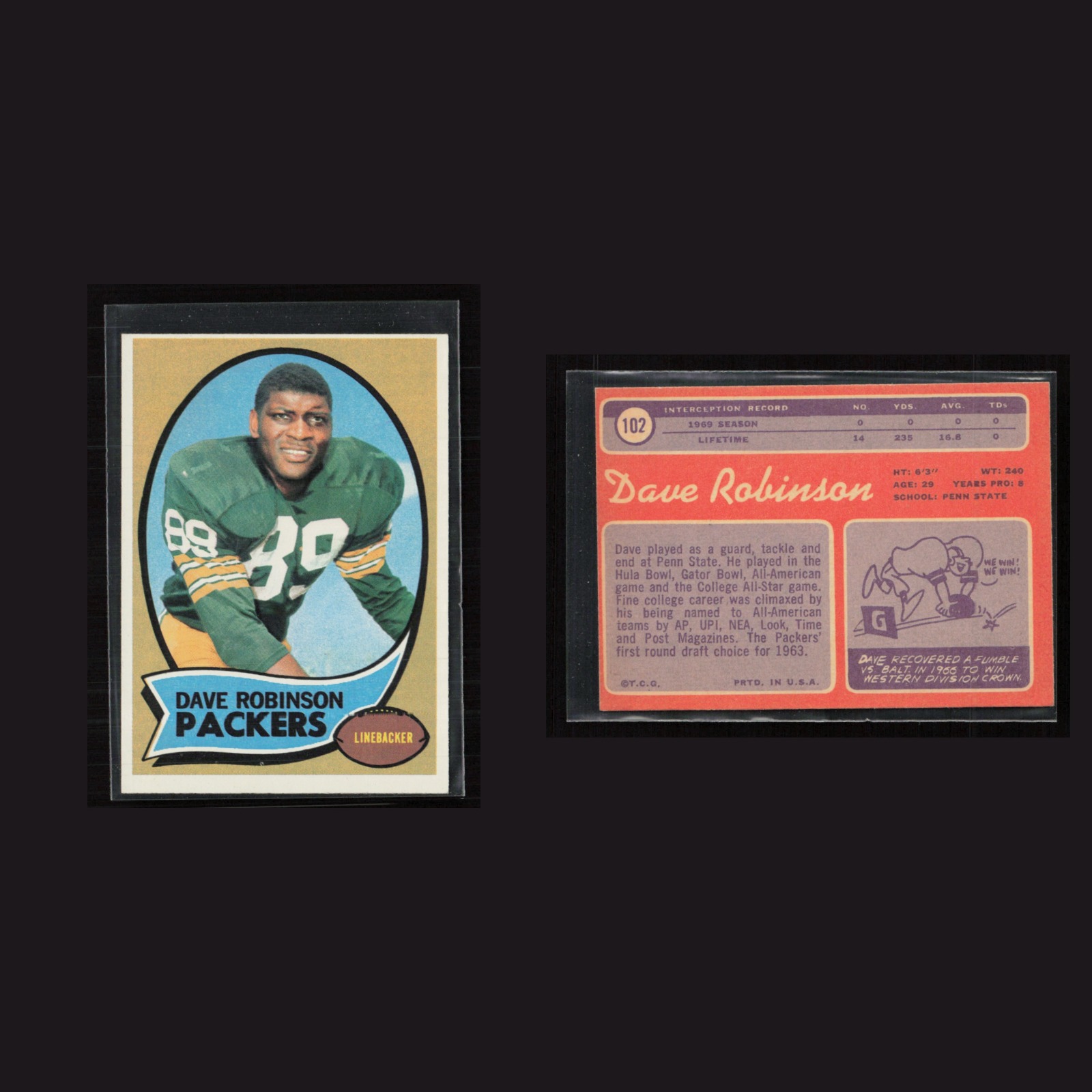 1970 Dave Robinson #102 EX Topps Green Bay Packers Vintage Football Card NFL front and back scans. Card condition is as shown in the scans.