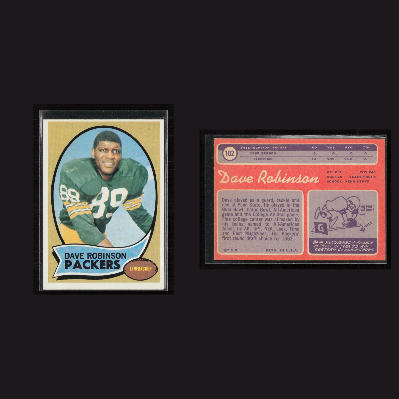 1970 Dave Robinson #102 EX Topps Green Bay Packers Vintage Football Card NFL front and back scans. Card condition is as shown in the scans.