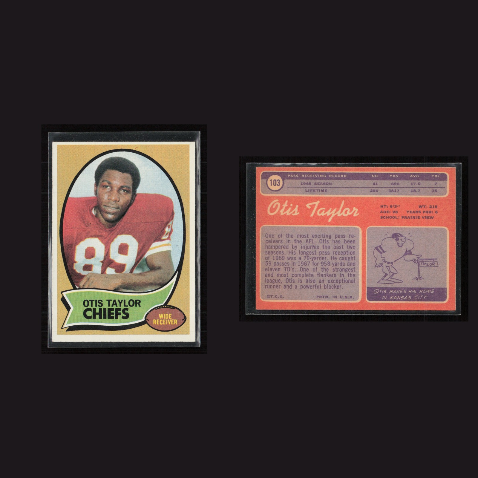 1970 Otis Taylor #103 EX Topps Kansas City Chiefs Vintage Football Card NFL front and back scans. Card condition is as shown in the scans.