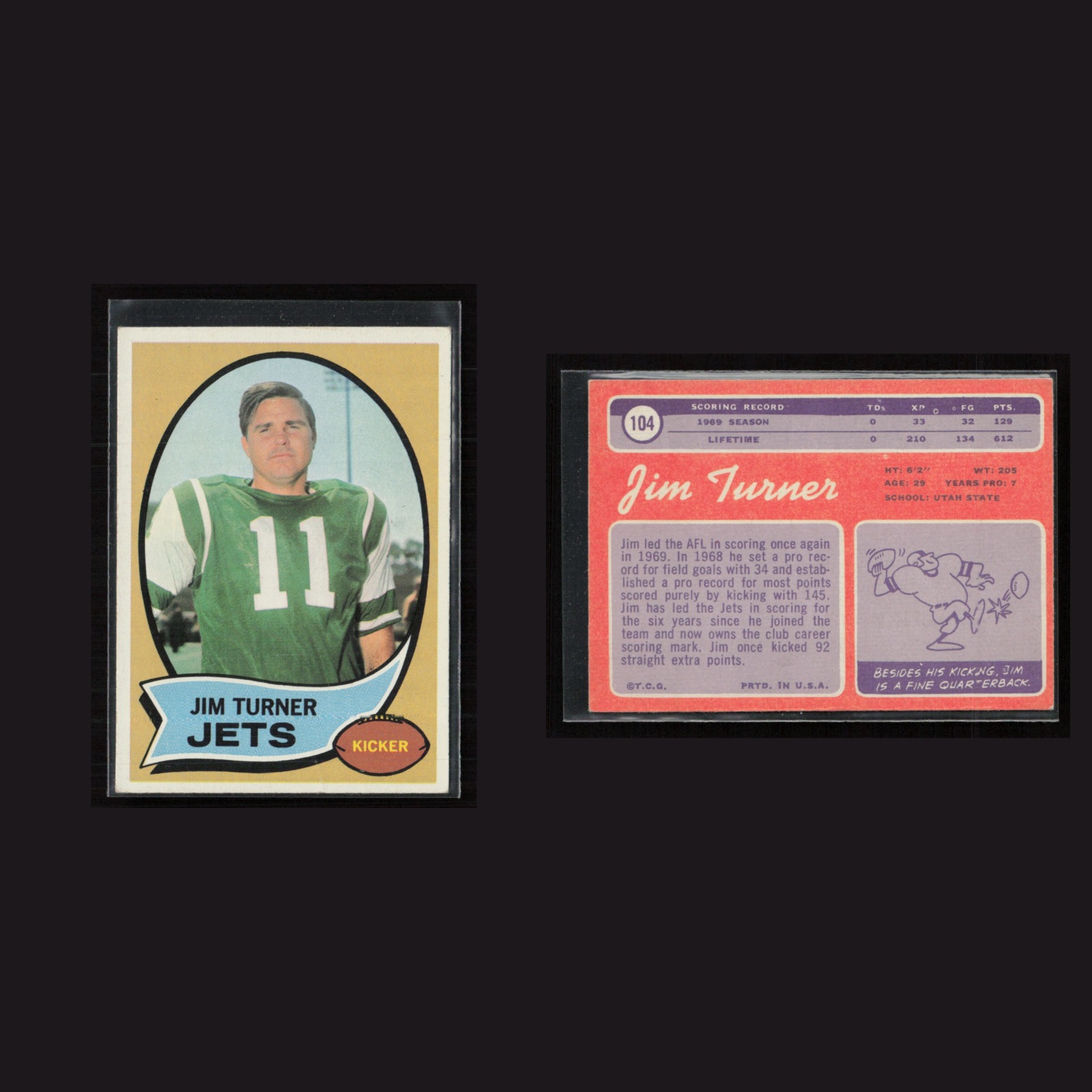 1970 Jim Turner #104 EX-EXMINT Topps New York Jets Vintage Football Card NFL front and back scans. Card condition is as shown in the scans.
