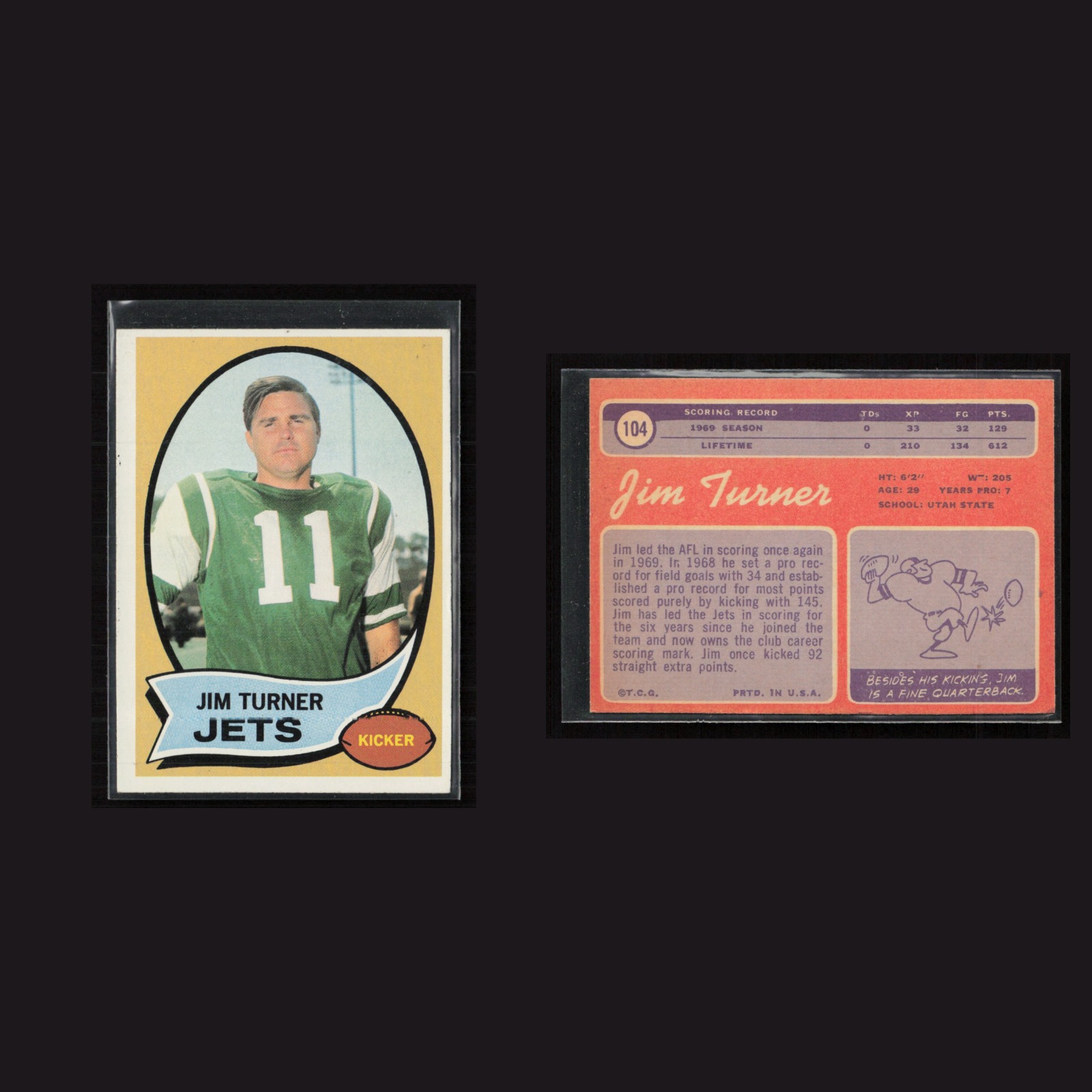 1970 Jim Turner #104 EX-EXMINT Topps New York Jets Vintage Football Card NFL front and back scans. Card condition is as shown in the scans.