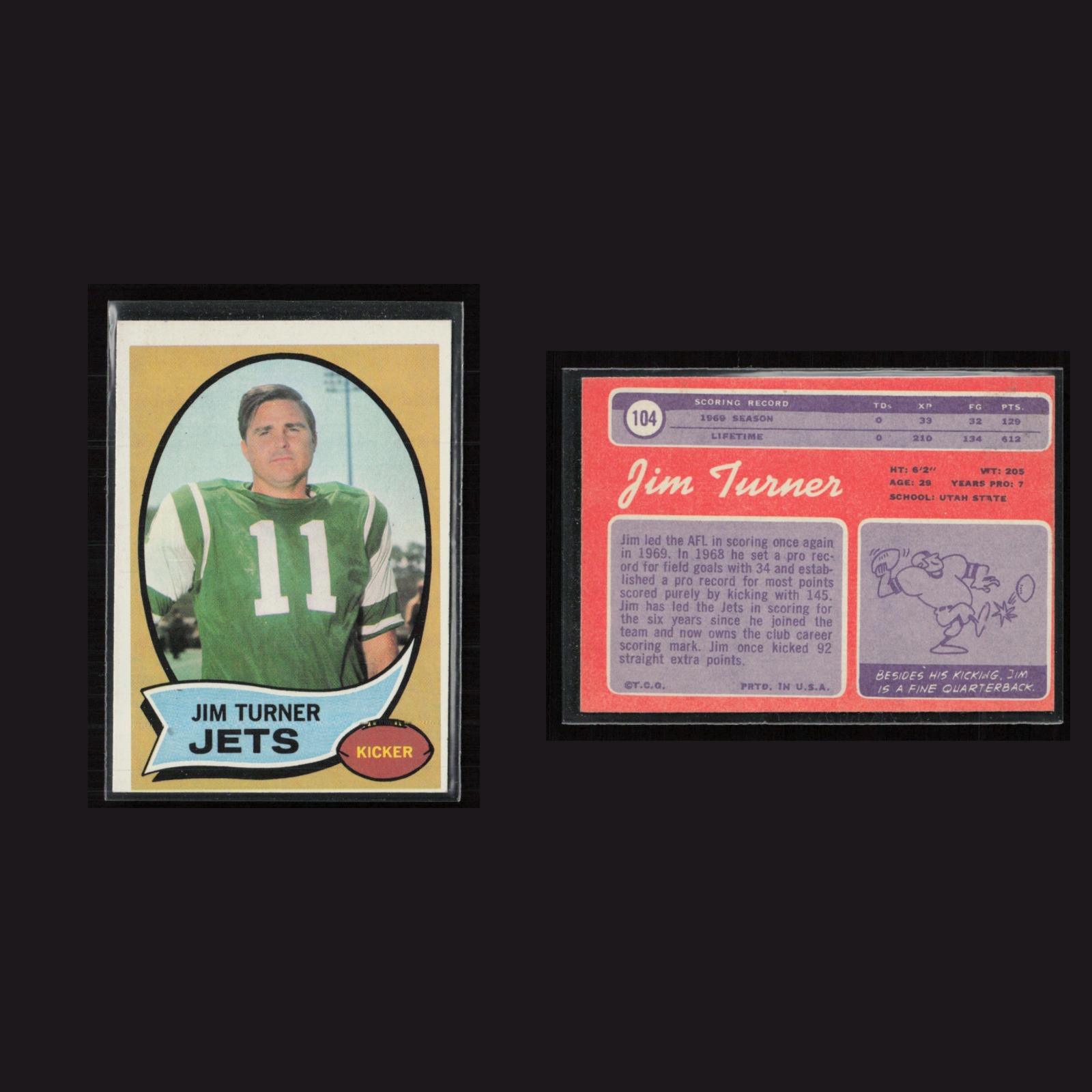 1970 Jim Turner #104 EX Topps (MC) New York Jets Vintage Football Card Set-Break front and back scans. Card condition is as shown in the scans.