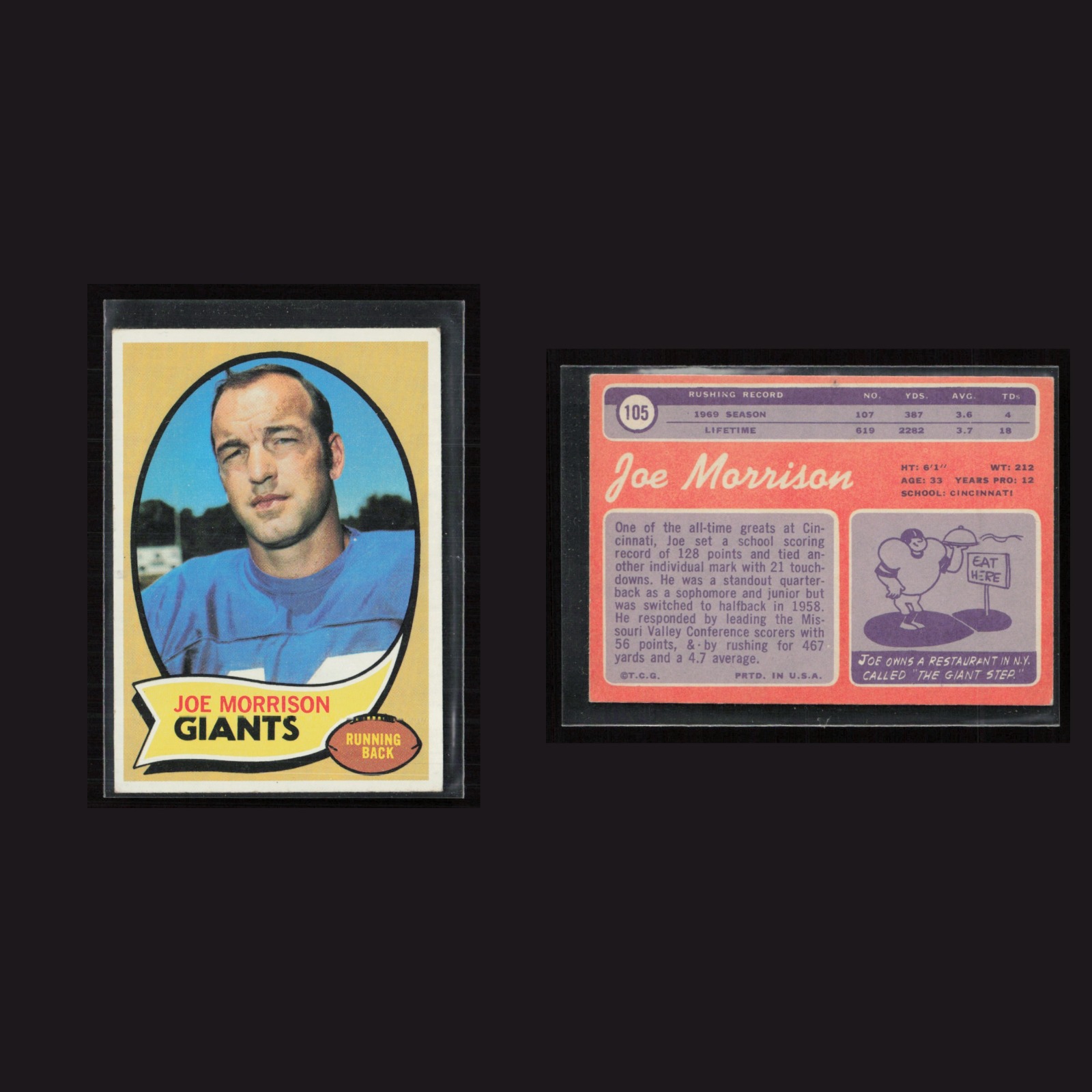 1970 Joe Morrison #105 EX-EXMINT Topps New York Giants Vintage Football Card NFL front and back scans. Card condition is as shown in the scans.