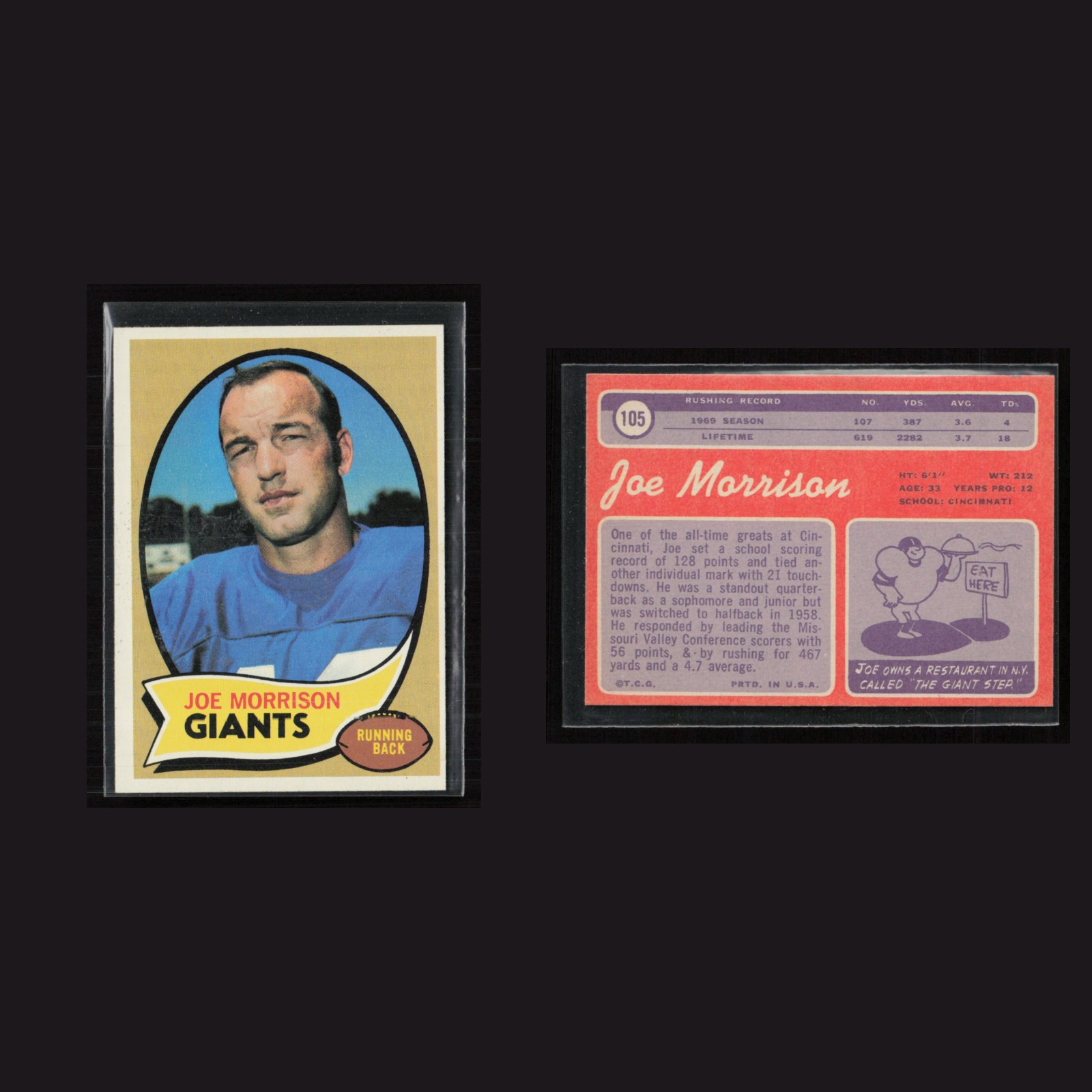 1970 Joe Morrison #105 EX Topps New York Giants Vintage Football Card Set-Break front and back scans. Card condition is as shown in the scans.
