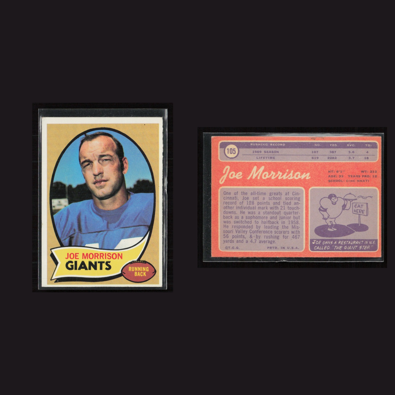1970 Joe Morrison #105 EX Topps New York Giants Vintage Football Card Set-Break front and back scans. Card condition is as shown in the scans.