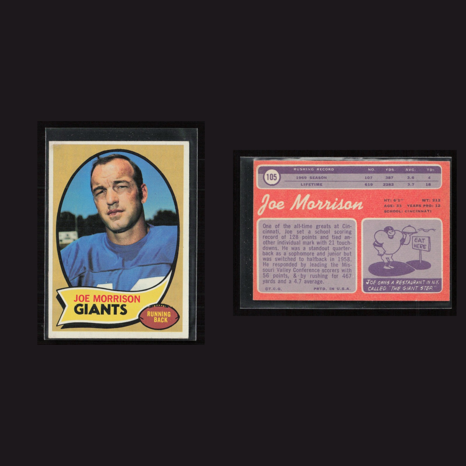 1970 Joe Morrison #105 EX-EXMINT Topps New York Giants Vintage Football Card NFL front and back scans. Card condition is as shown in the scans.