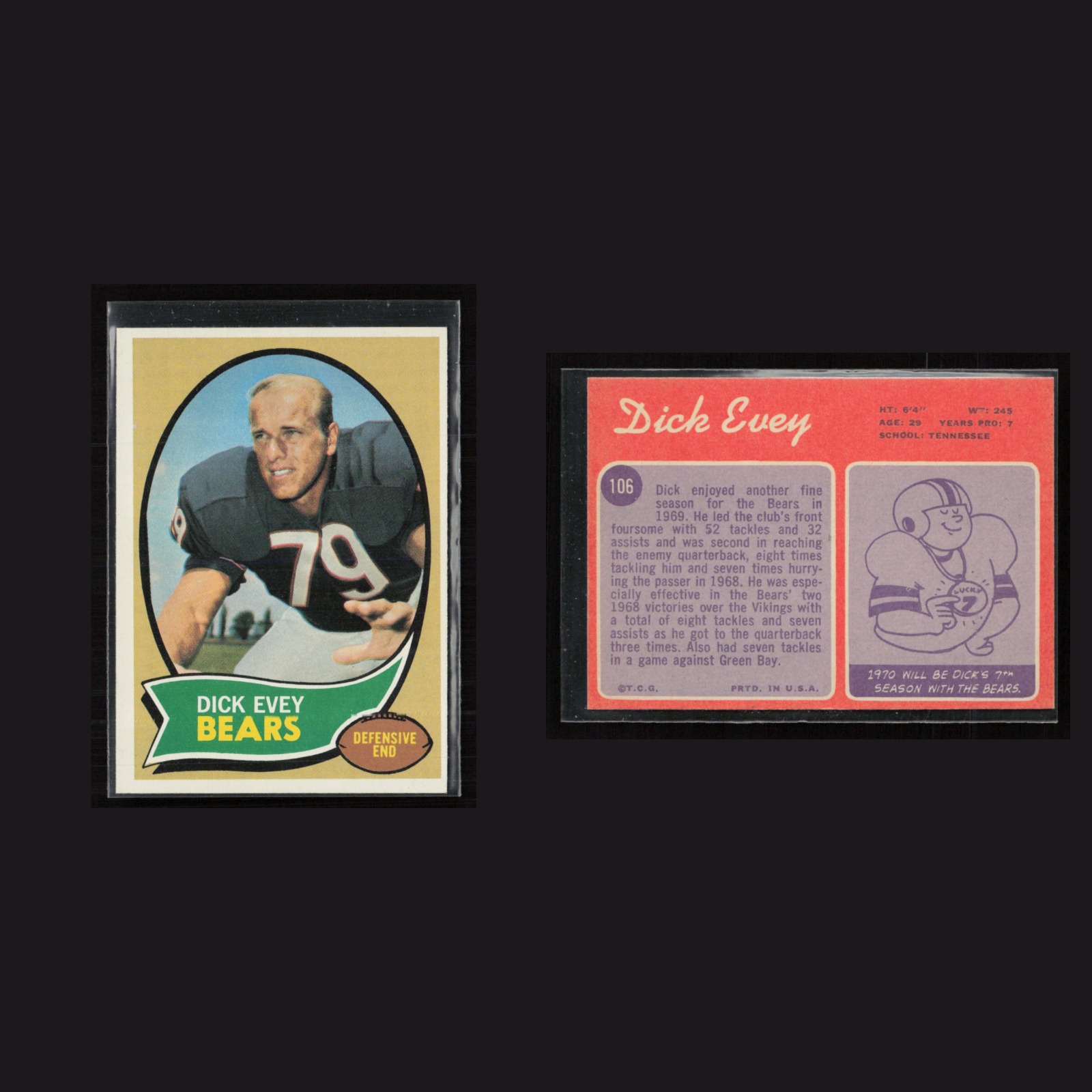 1970 Dick Evey #106 EX Topps Chicago Bears Vintage Football Card Set-Break NFL front and back scans. Card condition is as shown in the scans.