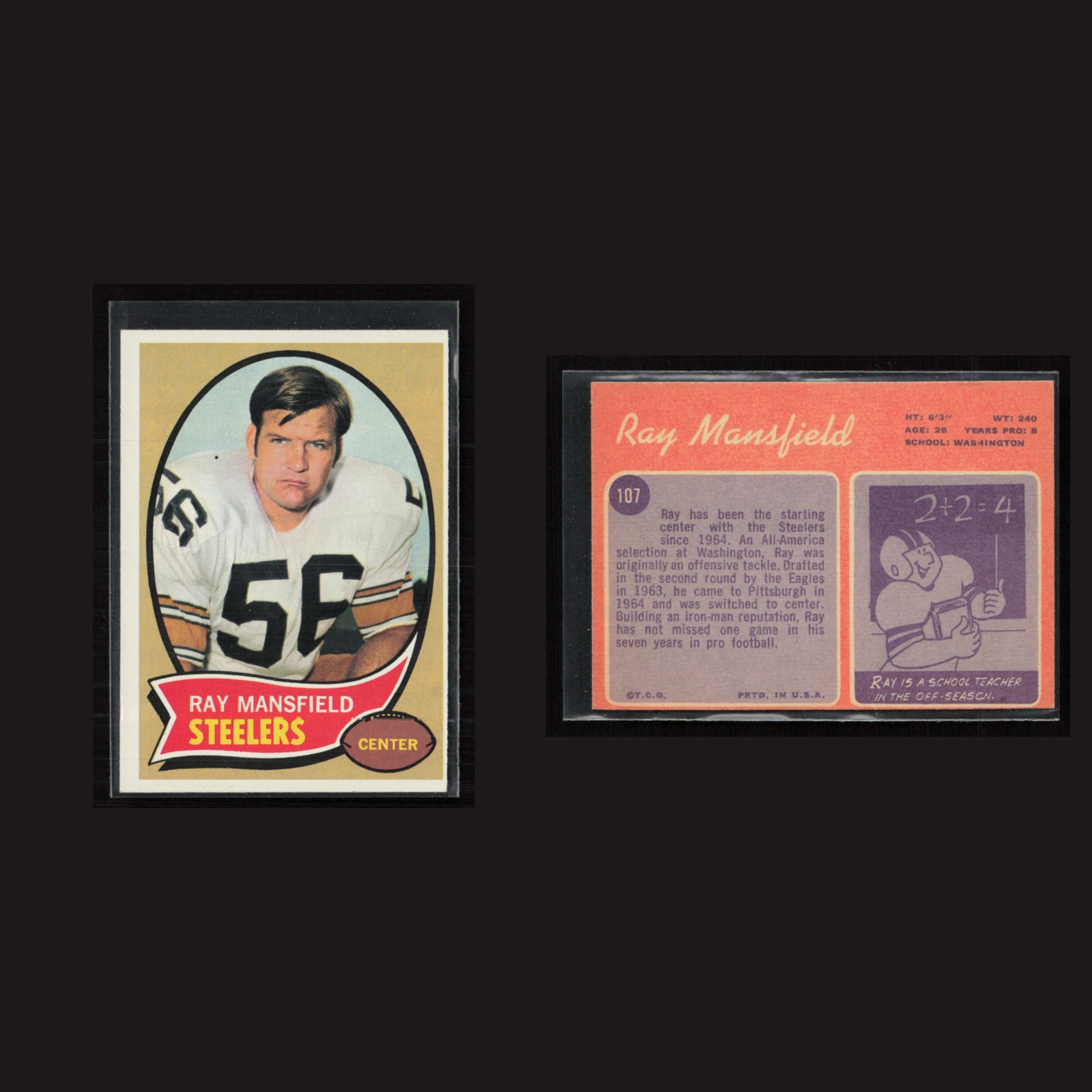 1970 Ray Mansfield #107 EX Topps Pittsburgh Steelers Vintage Football Card NFL front and back scans. Card condition is as shown in the scans.