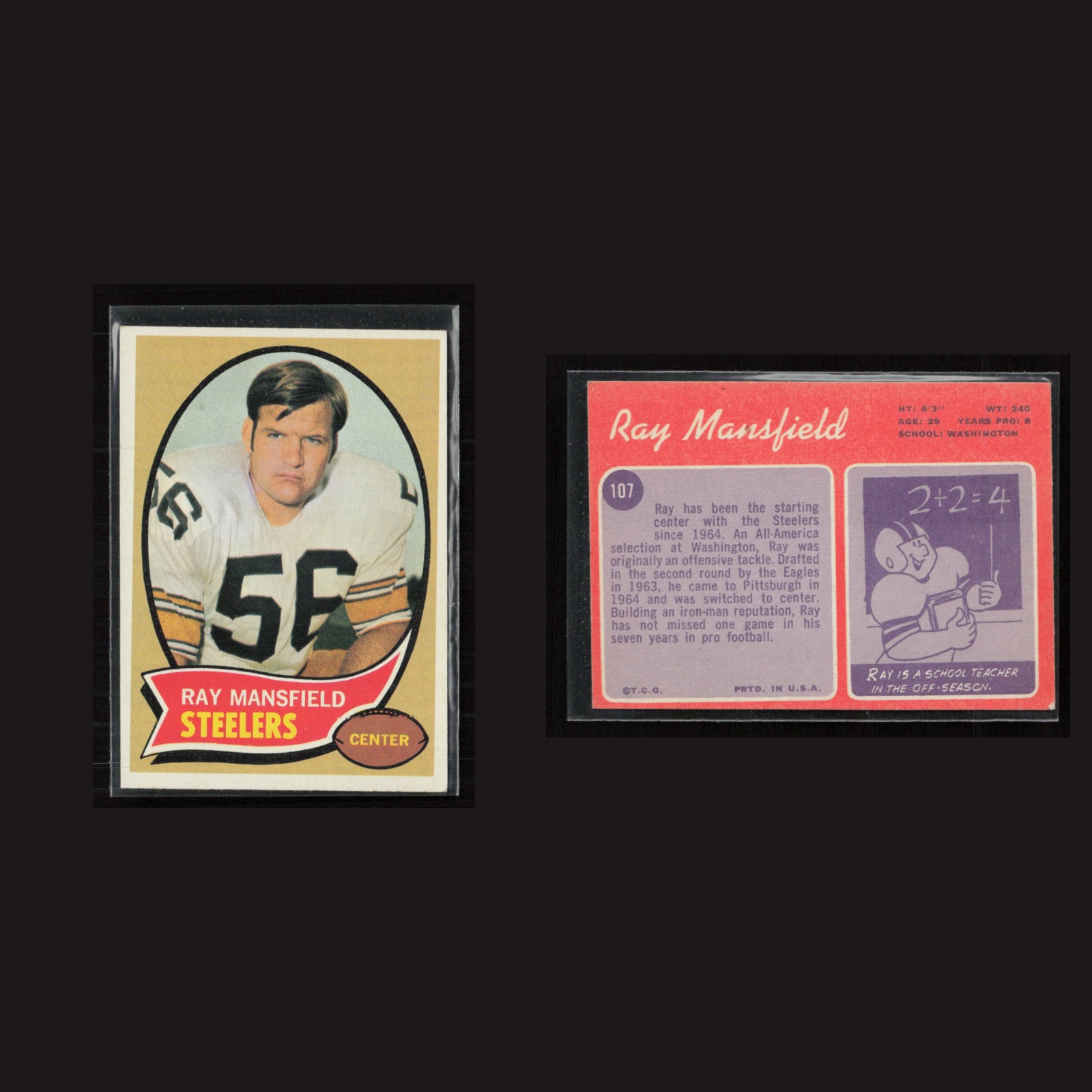 1970 Ray Mansfield #107 EX-EXMINT Topps Pittsburgh Steelers Vintage Football NFL front and back scans. Card condition is as shown in the scans.