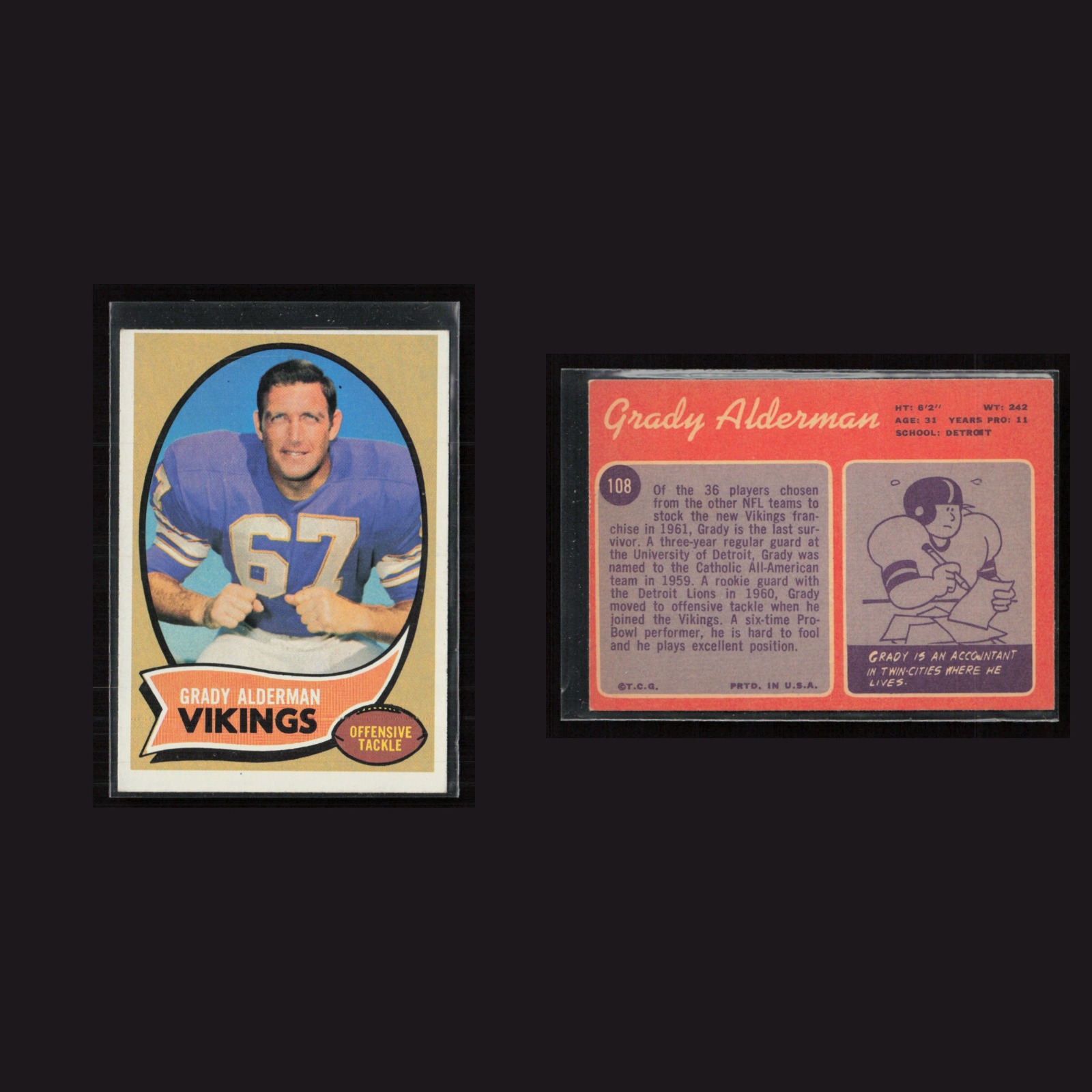 1970 Grady Alderman #108 EX Topps Minnesota Vikings Vintage Football Card NFL front and back scans. Card condition is as shown in the scans.