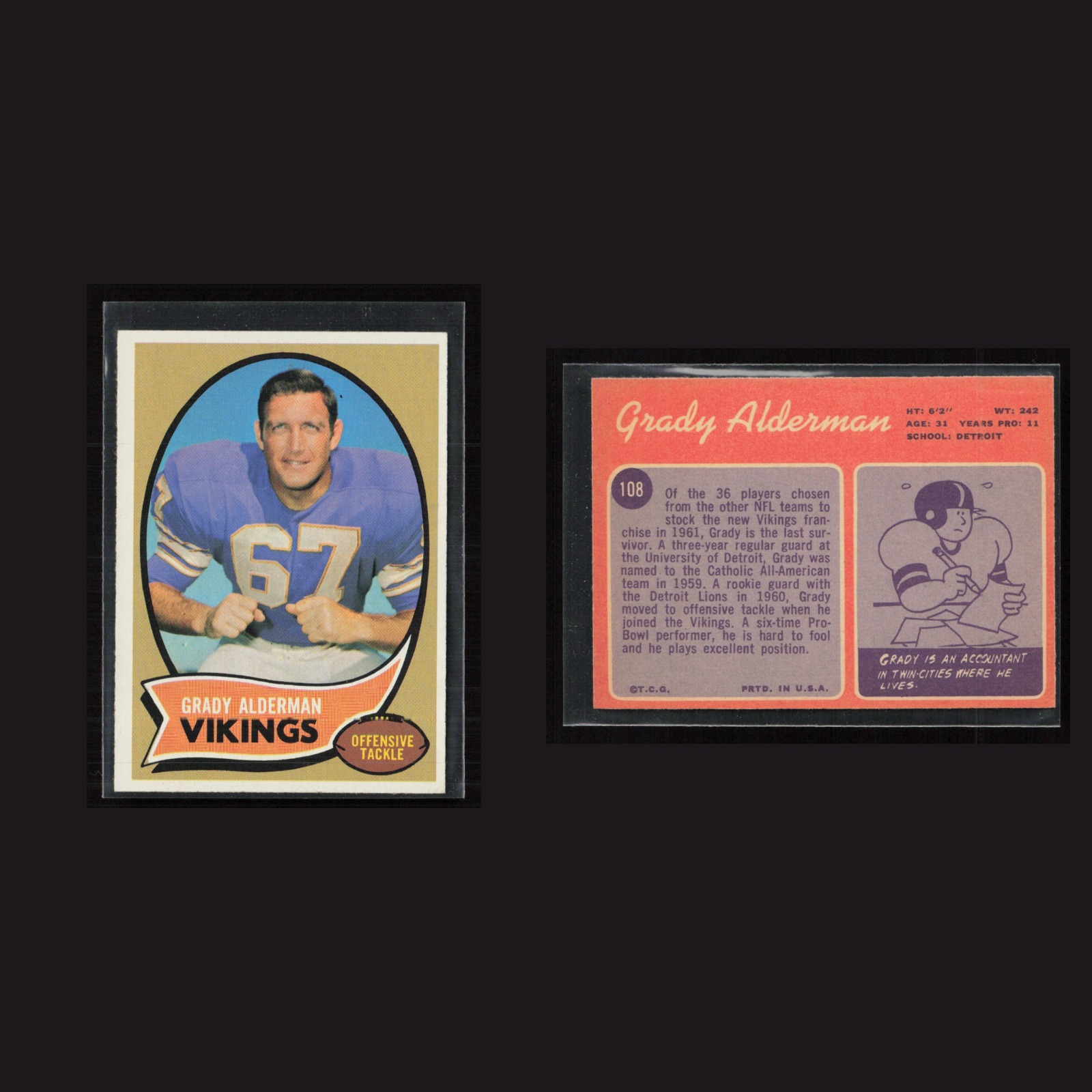 1970 Grady Alderman #108 EX-EXMINT Topps Minnesota Vikings Vintage Football Card front and back scans. Card condition is as shown in the scans.