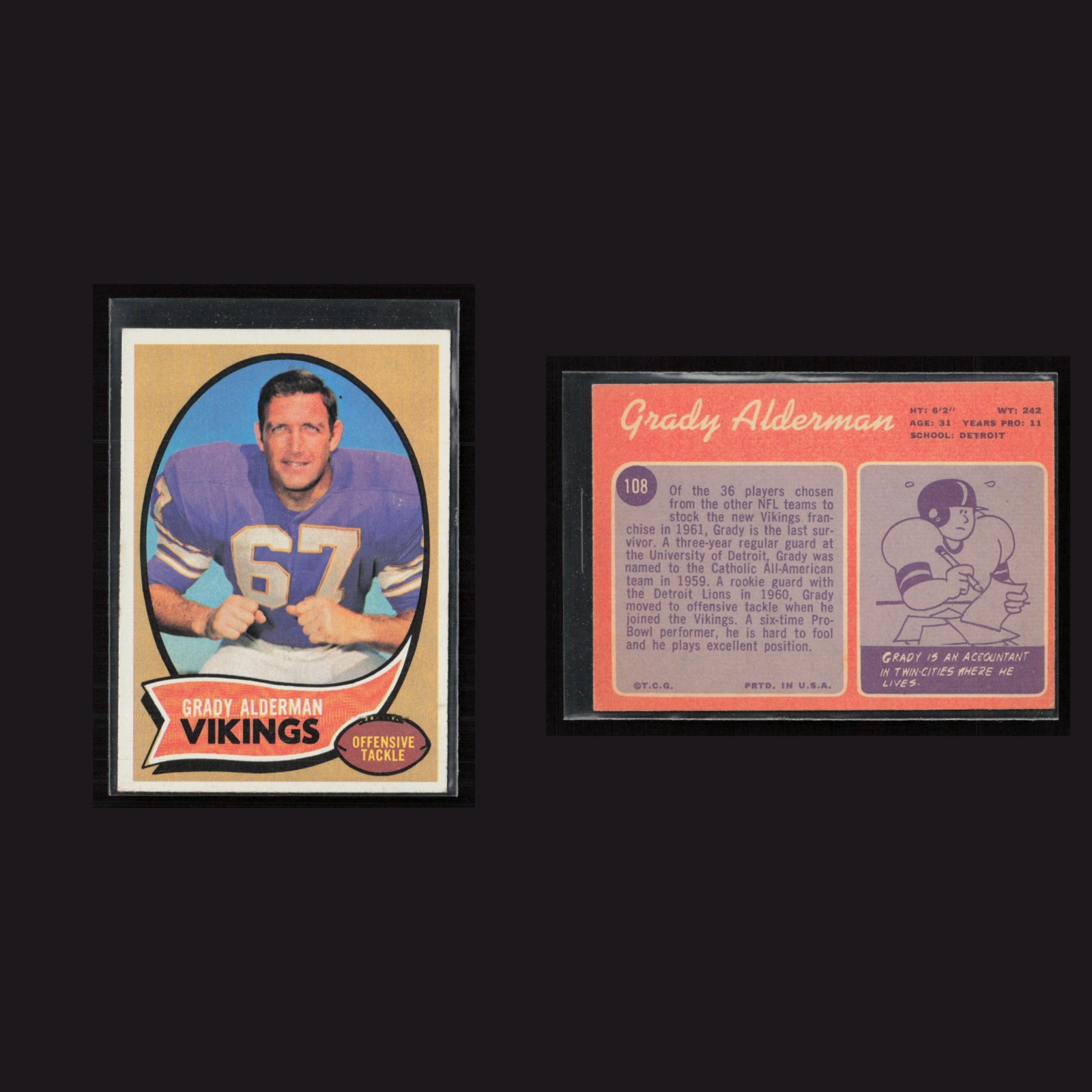 1970 Grady Alderman #108 EX-EXMINT Topps Minnesota Vikings Vintage Football Card front and back scans. Card condition is as shown in the scans.