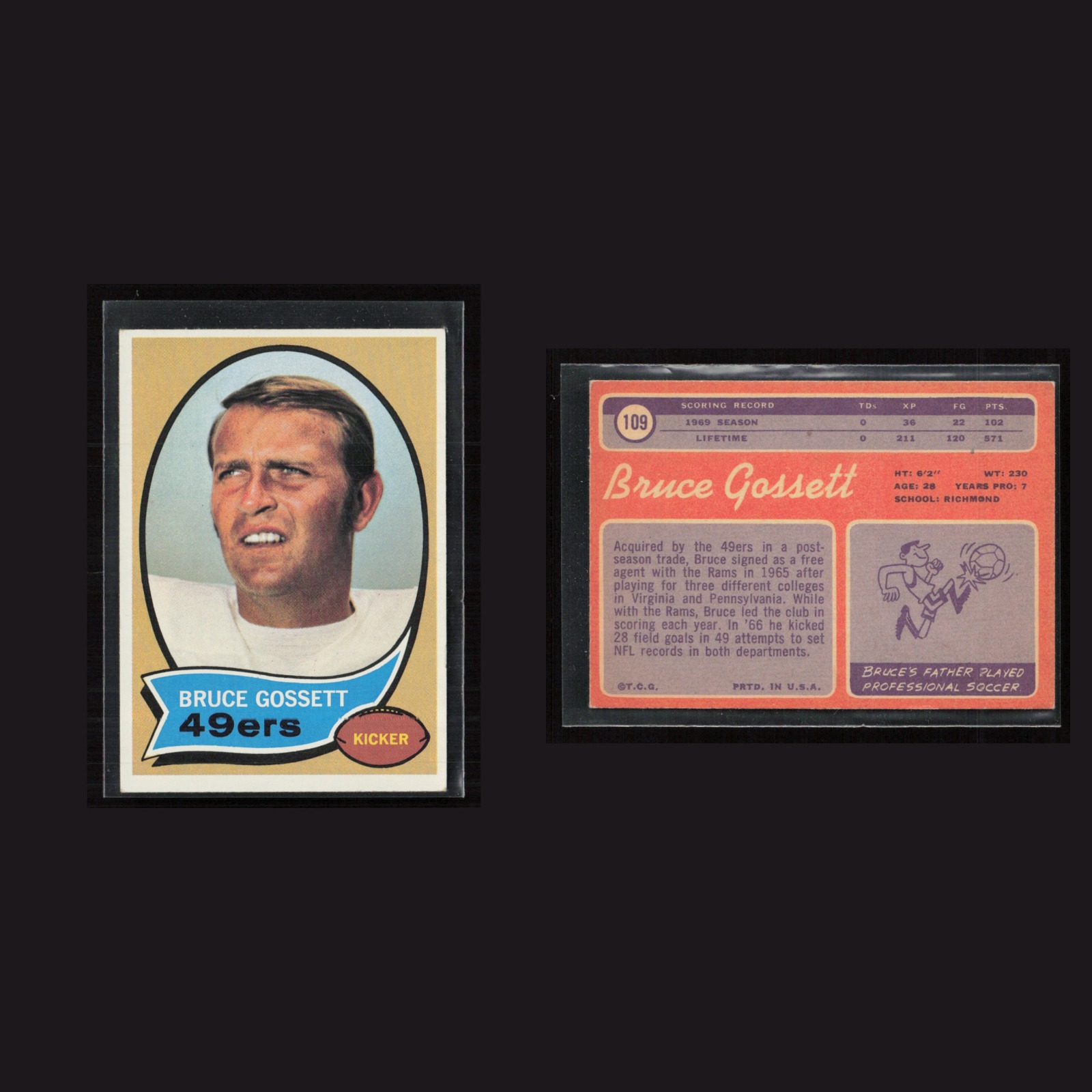 1970 Bruce Gossett #109 EX-EXMINT Topps San Francisco 49ers Vintage Football NFL front and back scans. Card condition is as shown in the scans.
