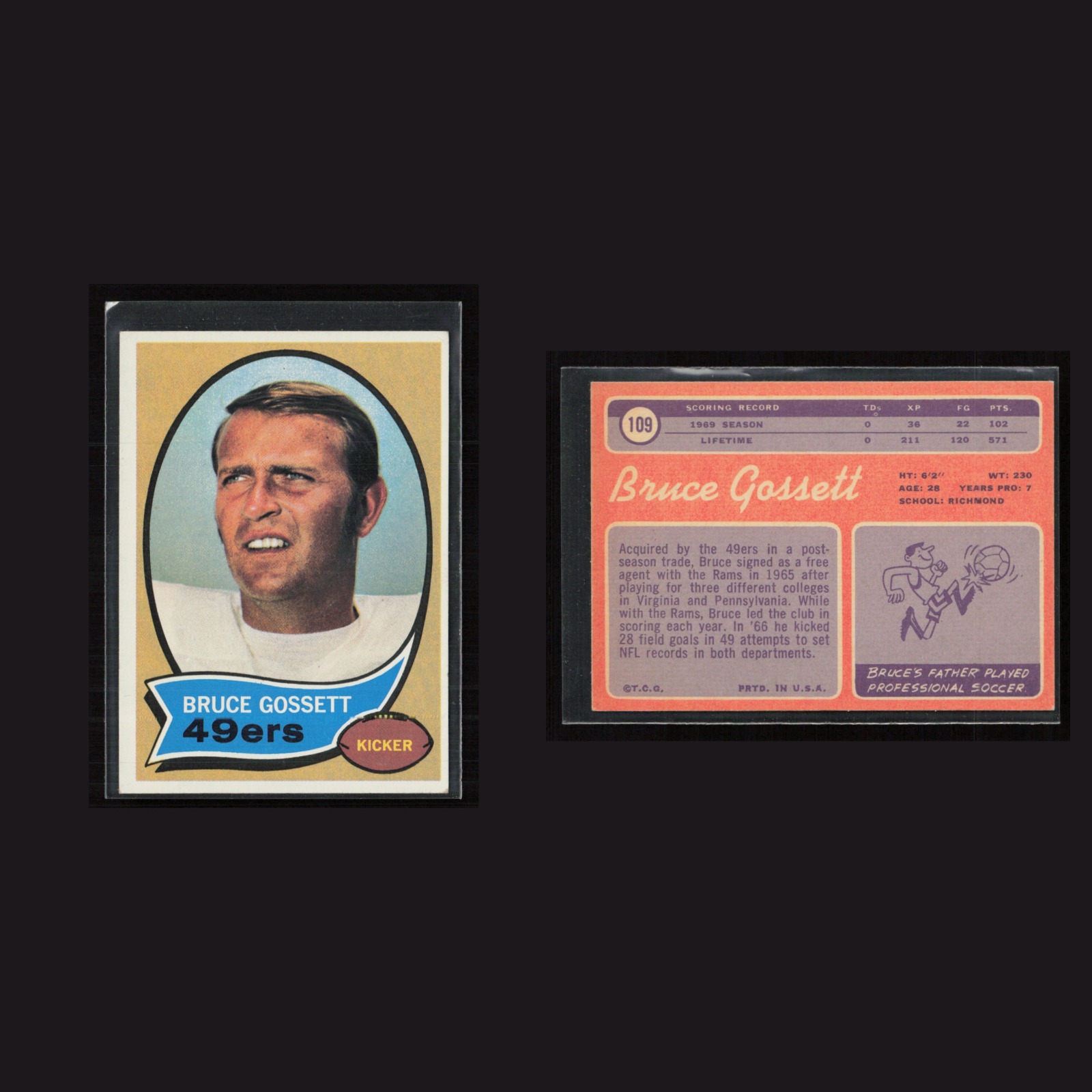 1970 Bruce Gossett #109 EX-EXMINT Topps San Francisco 49ers Vintage Football NFL front and back scans. Card condition is as shown in the scans.