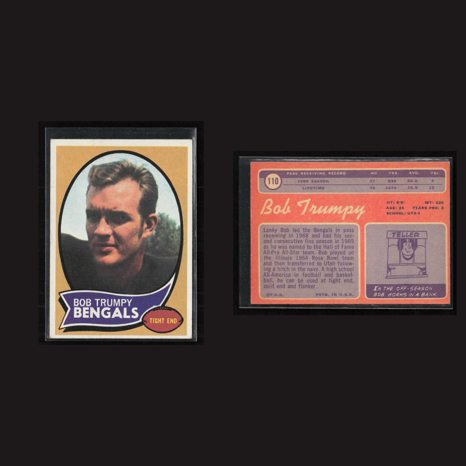 1970 Bob Trumpy #110 EX-EXMINT Topps Cincinnati Bengals Vintage Football Card front and back scans. Card condition is as shown in the scans.