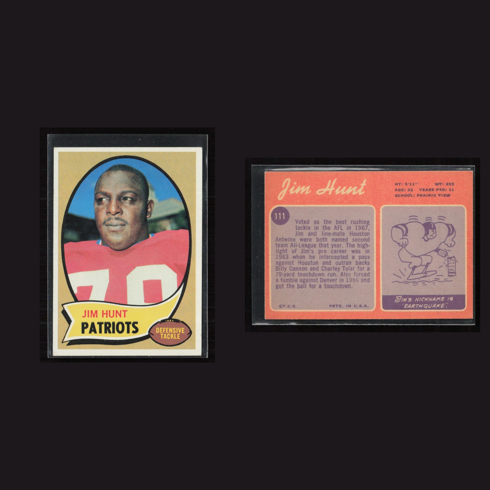 1970 Jim Hunt #111 EX-EXMINT Topps New England Patriots Vintage Football Card front and back scans. Card condition is as shown in the scans.